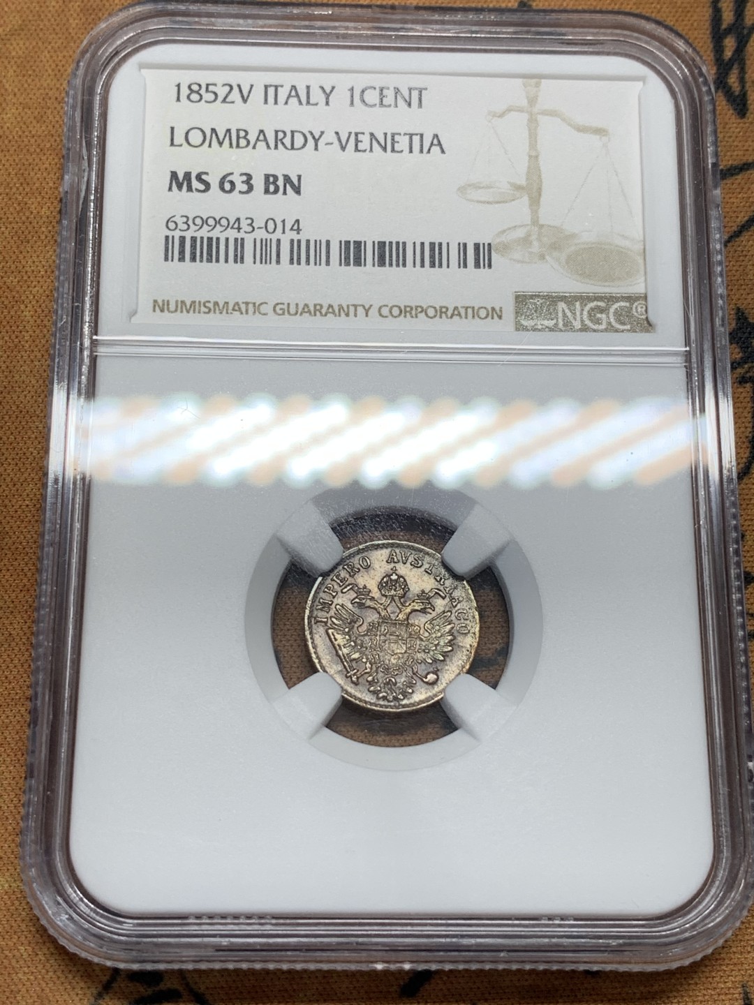 《竞宝斋》第95场-本周日，周一，周四，3场连拍（全场不限金额包邮） NGC-MS63BN 意大利 1852 伦巴第-威尼西亚王国 1分铜币 打制锐利 包浆醇厚 币面光度一流 双头鹰纹章威风凛凛