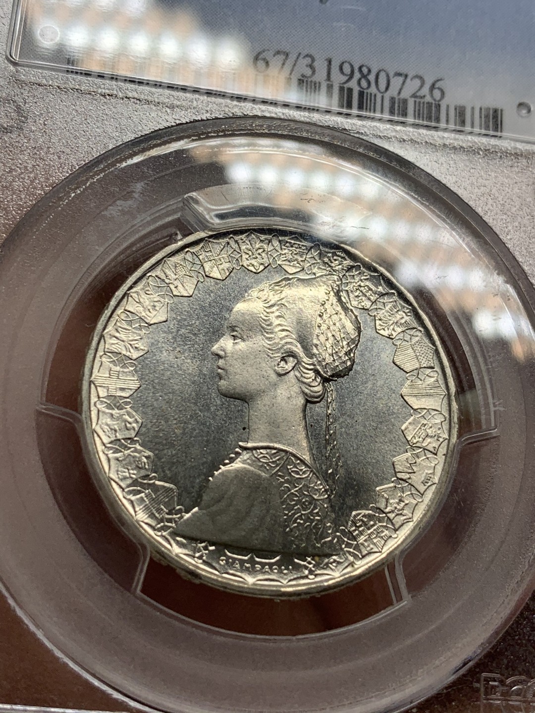 《竞宝斋》第95场-本周日，周一，周四，3场连拍（全场不限金额包邮） PCGS-MS 67  意大利 1970年 500里拉   评级亚军,MS能到67不容易，高点有cameo