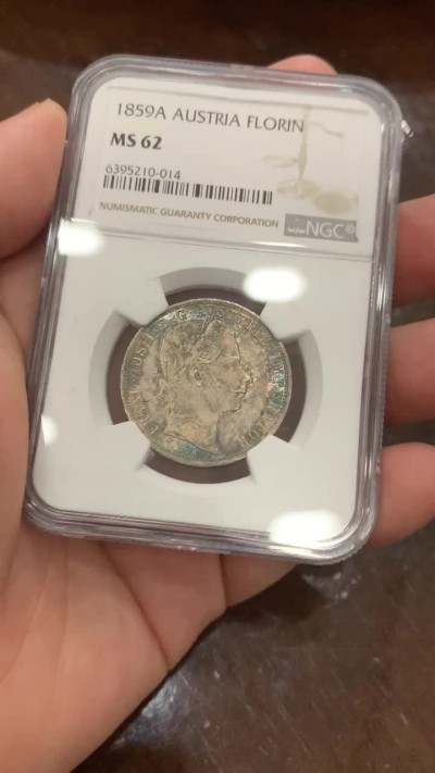 《竞宝斋》第95场-本周日，周一，周四，3场连拍（全场不限金额包邮） NGC-MS62 奥地利 1859年 佛兰茨一世 1福林银币 暴涨品种