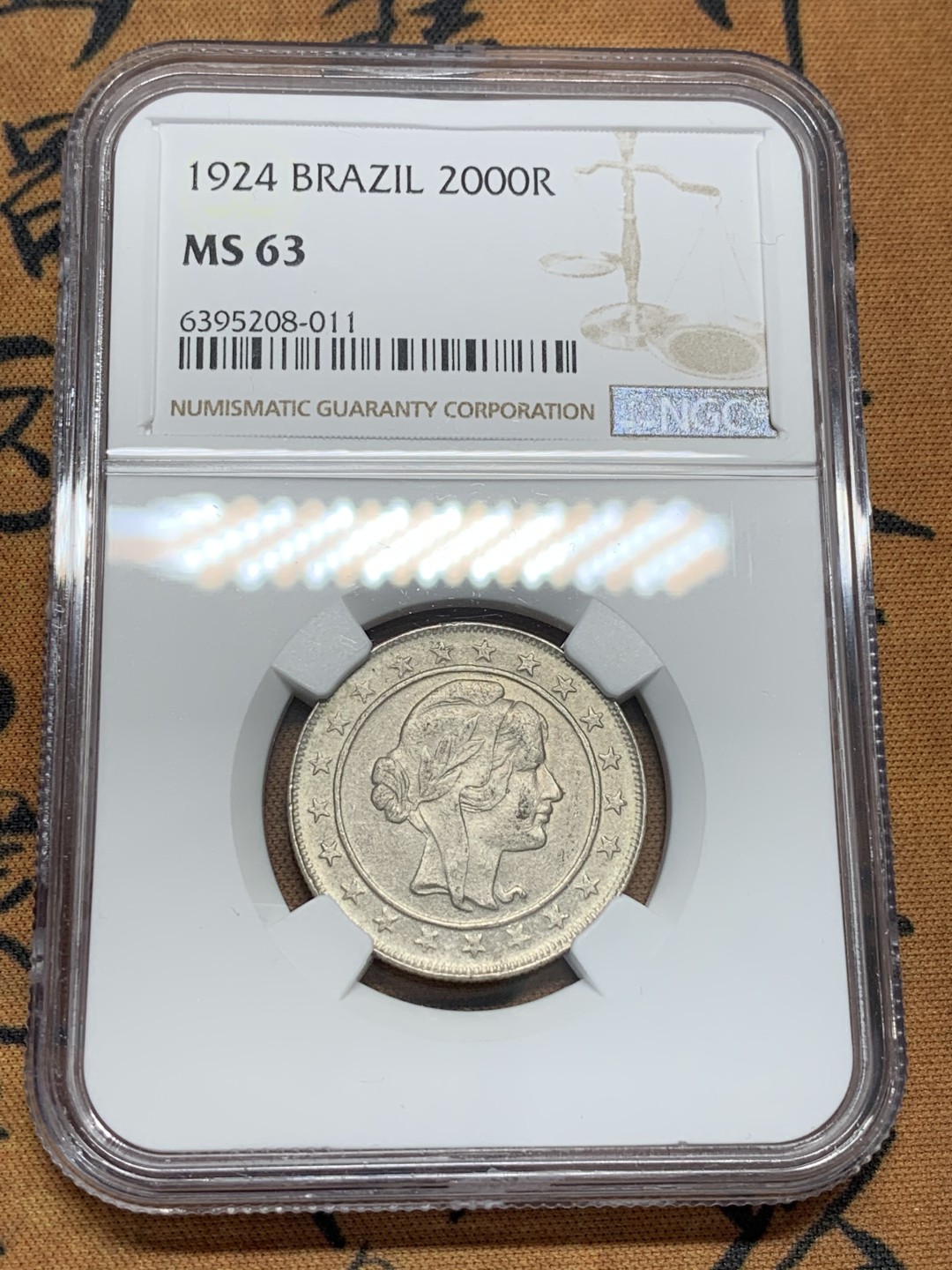 《竞宝斋》第95场-本周日，周一，周四，3场连拍（全场不限金额包邮） NGC-MS63 巴西1924年 女神2000R银币 这品种好品的比较少见