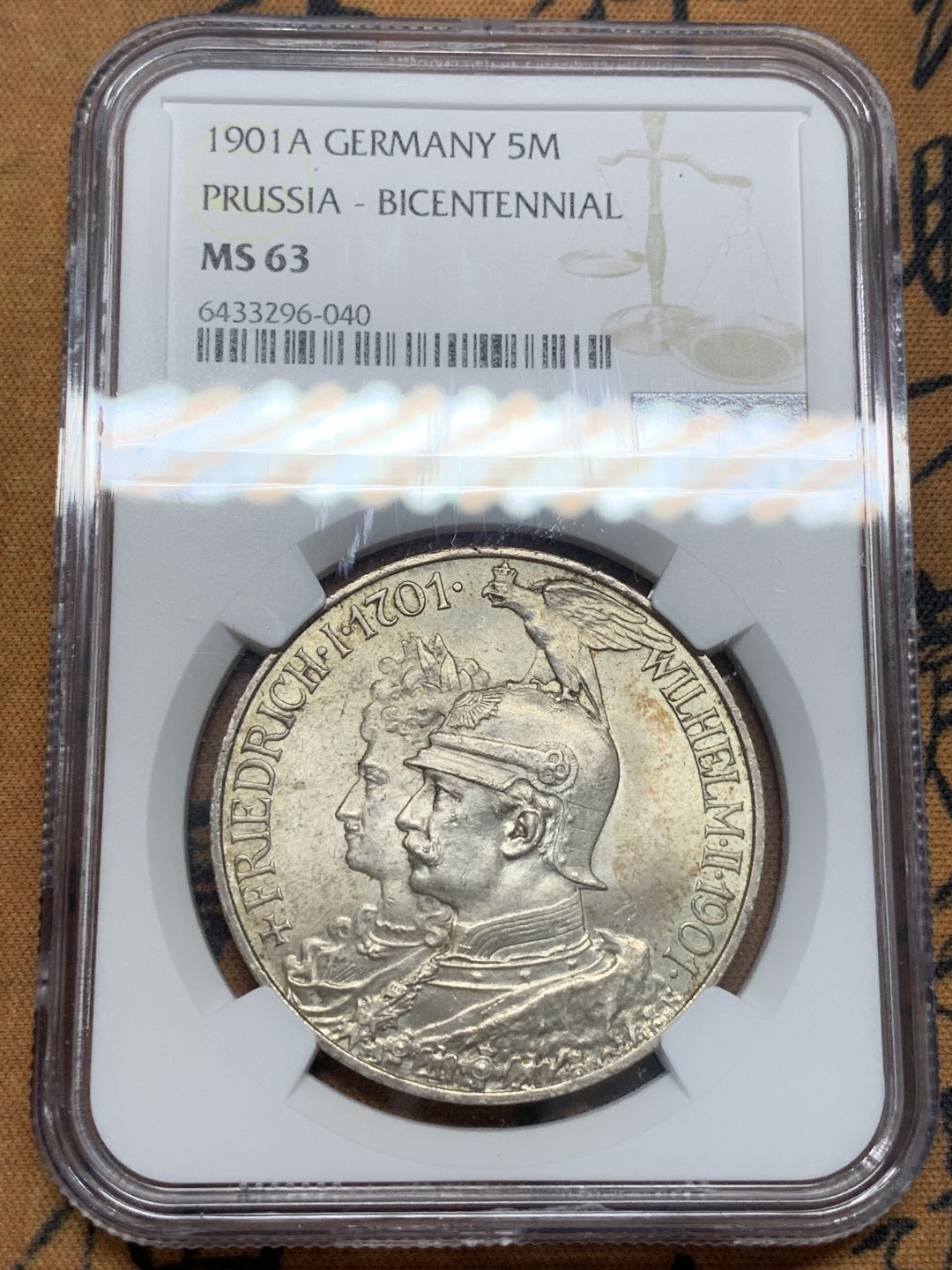 《竞宝斋》第95场-本周日，周一，周四，3场连拍（全场不限金额包邮） NGC-MS63 德国  普鲁士建国200年 5马克 银币