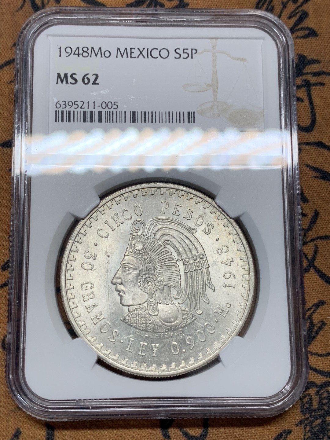 《竞宝斋》第95场-本周日，周一，周四，3场连拍（全场不限金额包邮） NGC-MS62 墨西哥1948年 印第安人头像 5比索大银币 原光好品