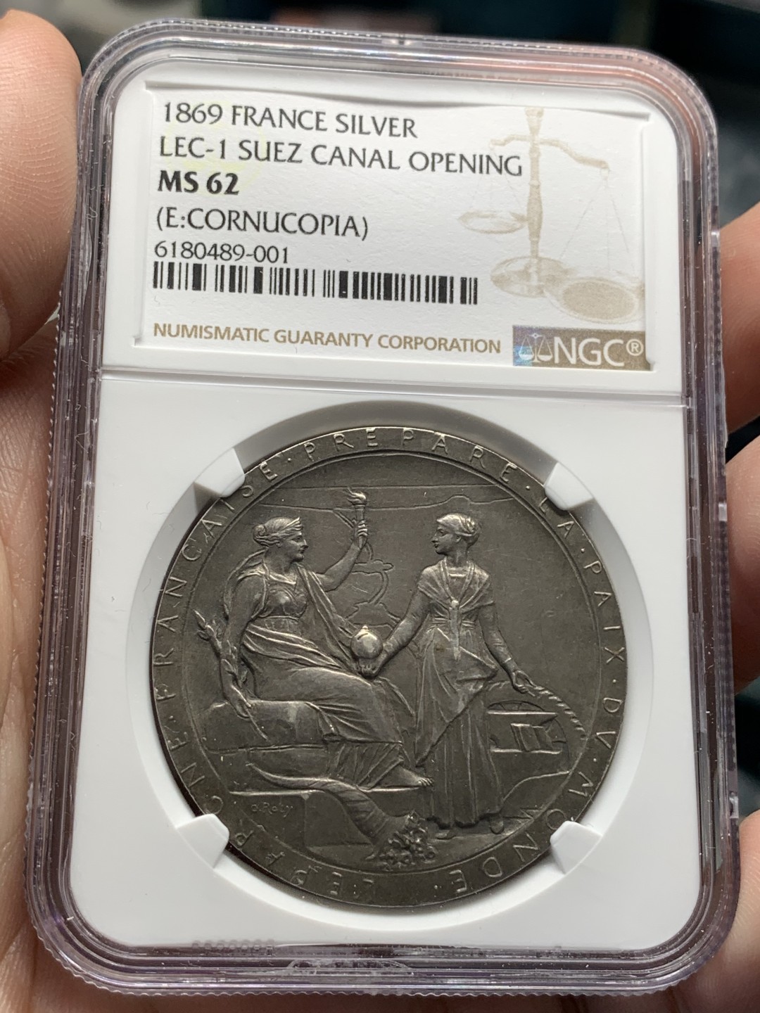 《竞宝斋》第95场-本周日，周一，周四，3场连拍（全场不限金额包邮） NGC MS62  法国1869苏伊士运河落成纪念银章 罗蒂大师作品 约42mm40克