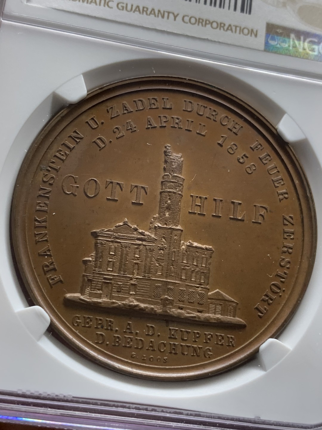 《竞宝斋》第95场-本周日，周一，周四，3场连拍（全场不限金额包邮） NGC MS62 1861 德国佛兰肯斯坦市政厅大火重建铜章 该铜章原材料为市政厅铜顶，发行售卖筹集资金重建市政厅