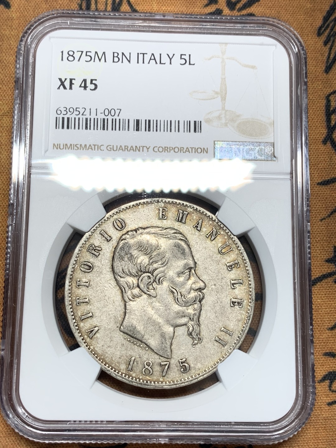 《竞宝斋》第95场-本周日，周一，周四，3场连拍（全场不限金额包邮） NGC-XF45 意大利 1875年 艾曼纽尔二世 5里拉大银币 