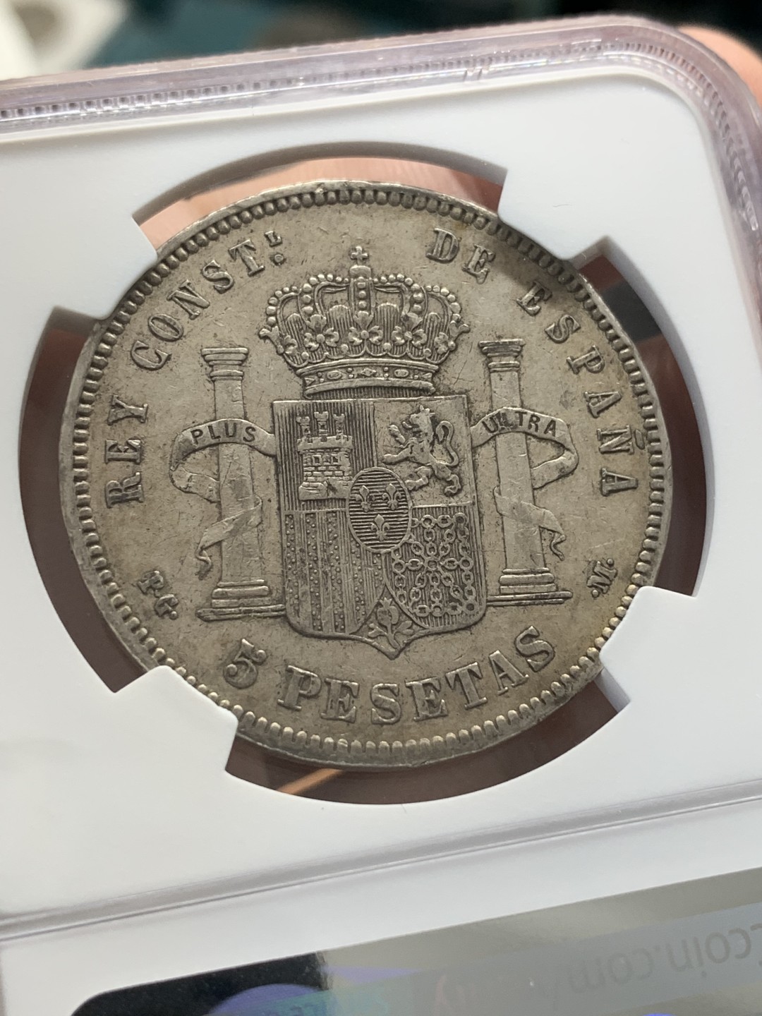 《竞宝斋》第95场-本周日，周一，周四，3场连拍（全场不限金额包邮） NGC-XF40 西班牙1892年 阿方索十三世 5比塞塔双柱大银币 原味好品 较少的爆炸头