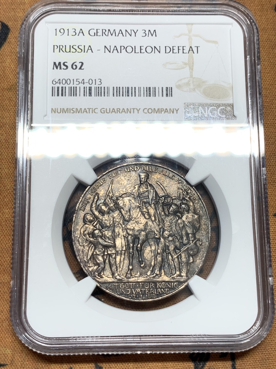 《竞宝斋》第95场-本周日，周一，周四，3场连拍（全场不限金额包邮） NGC-MS62 德国 德意志第二帝国 1913年 普鲁士3马克 战胜拿破仑纪念银币 重彩包浆 浮雕层次分明  鹰面神采奕奕