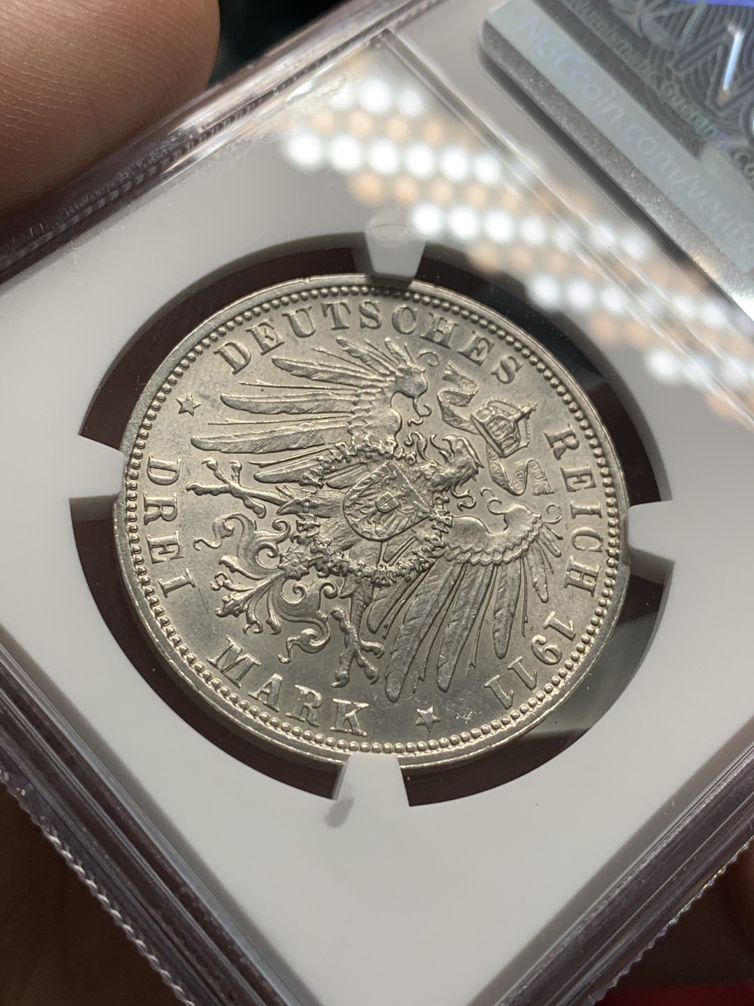 《竞宝斋》第95场-本周日，周一，周四，3场连拍（全场不限金额包邮） NGC-MS62 德国1911巴伐利亚3马克银币