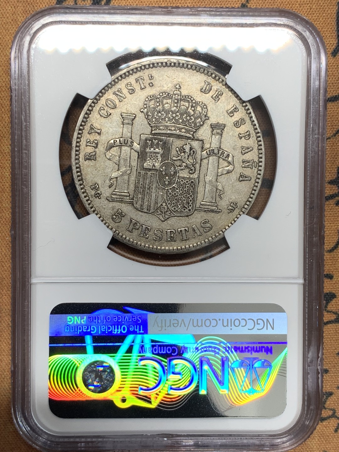 《竞宝斋》第95场-本周日，周一，周四，3场连拍（全场不限金额包邮） NGC-XF40 西班牙1892年 阿方索十三世 5比塞塔双柱大银币 原味好品 较少的爆炸头