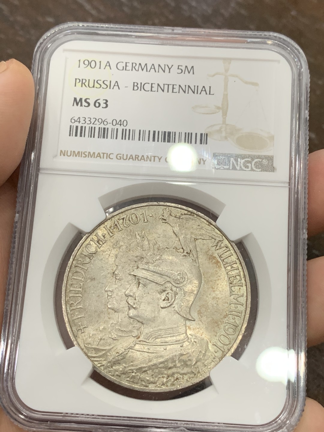 《竞宝斋》第95场-本周日，周一，周四，3场连拍（全场不限金额包邮） NGC-MS63 德国  普鲁士建国200年 5马克 银币