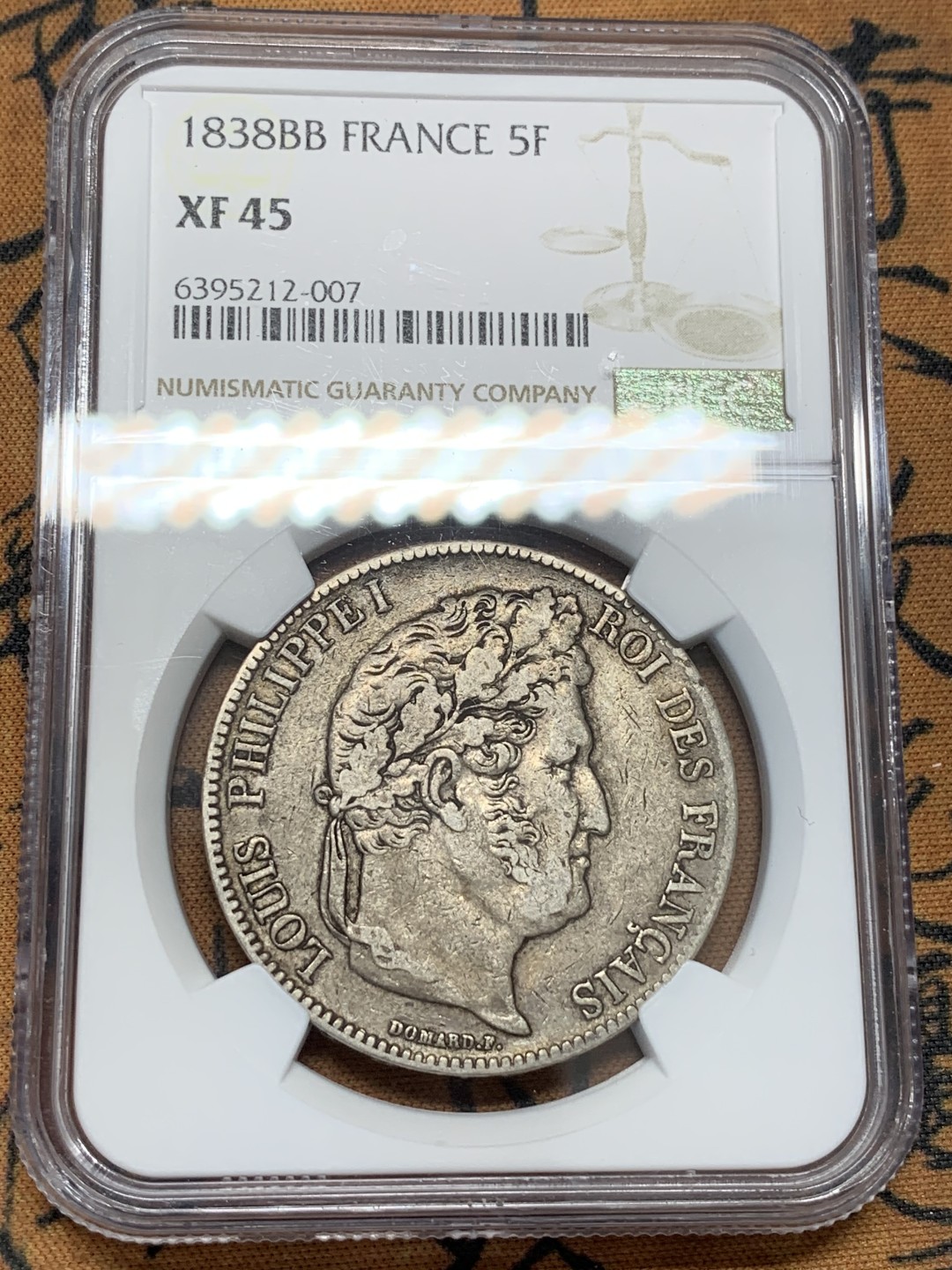 《竞宝斋》第95场-本周日，周一，周四，3场连拍（全场不限金额包邮） 第二名 NGC-XF45 法国1838-BB年 菲利普一世 5法郎大银币 细节很好 味道也一流