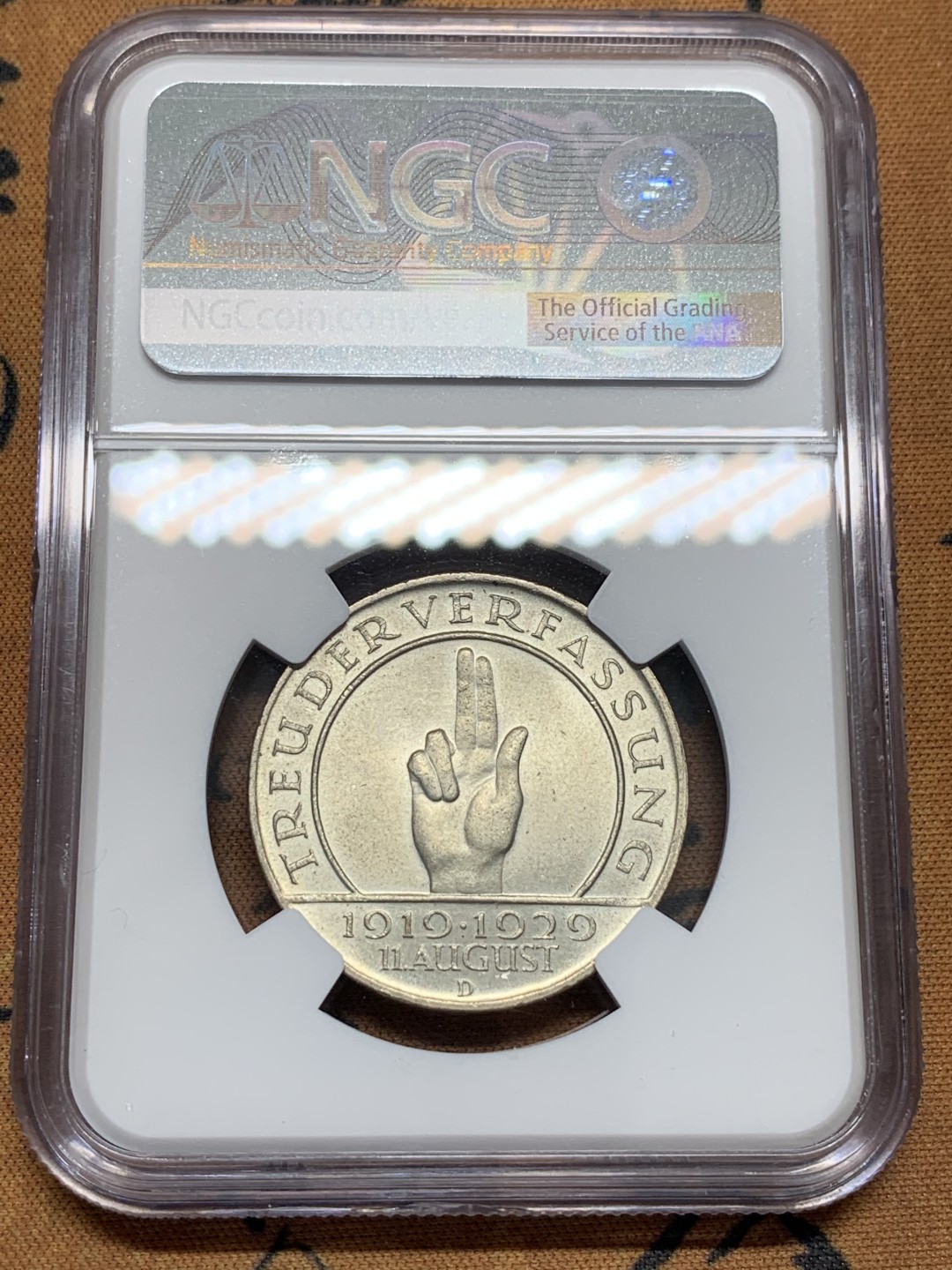 《竞宝斋》第95场-本周日，周一，周四，3场连拍（全场不限金额包邮） NGC-MS65 魏玛德国1929年宪法十周年3马克纪念银币 少见高分