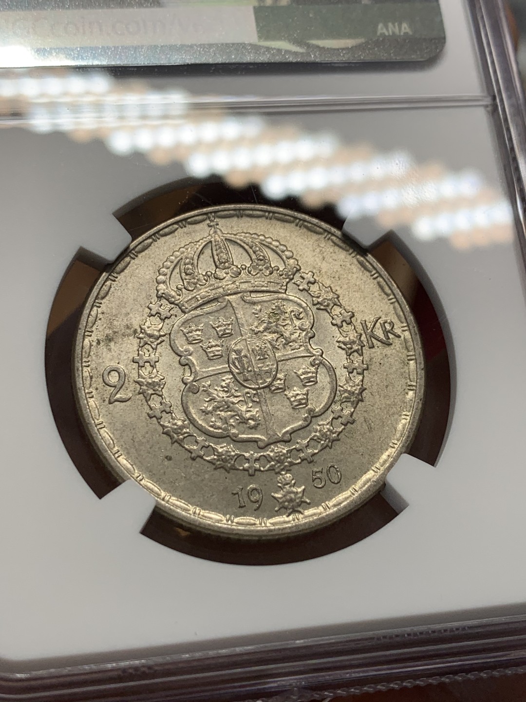 《竞宝斋》第95场-本周日，周一，周四，3场连拍（全场不限金额包邮） NGC-MS63 瑞典1950年 古斯塔夫五世 2克朗银币 原光好品 少见品种