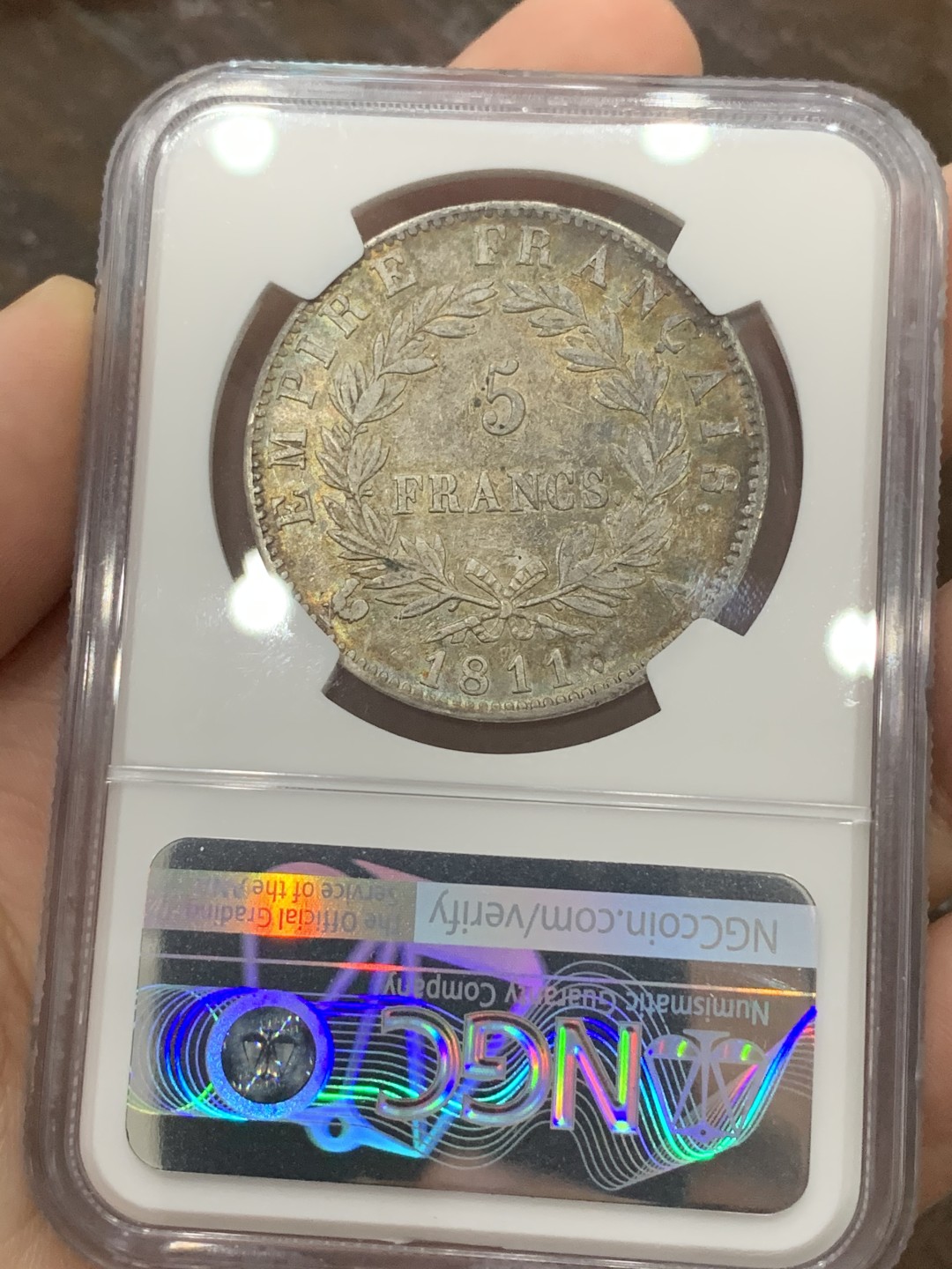 《竞宝斋》第95场-本周日，周一，周四，3场连拍（全场不限金额包邮） NGC-AUD 法国1811年拿破仑一世5法郎大银币 环彩