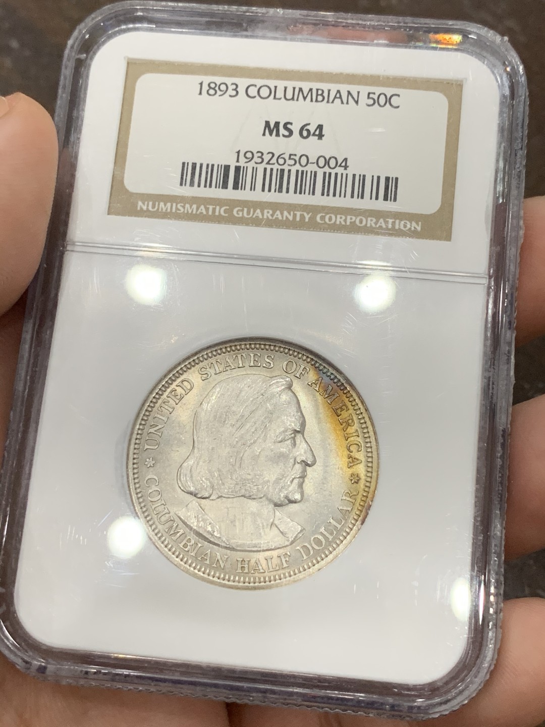 《竞宝斋》第95场-本周日，周一，周四，3场连拍（全场不限金额包邮） NGC-MS64 美国 1893年 50美分 哥伦布纪念 银币 热门品种，ngc老盒  新月包浆很漂亮