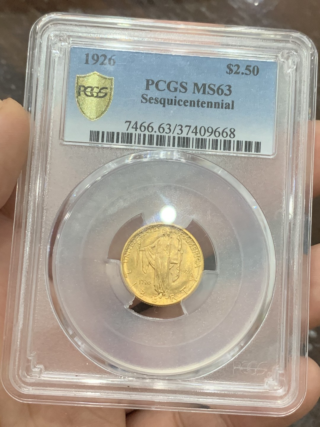 《竞宝斋》第95场-本周日，周一，周四，3场连拍（全场不限金额包邮） PCGS MS63 美国 1926年 建国150周年 2.5美元 金币 少见品种 4.18克20W发行量