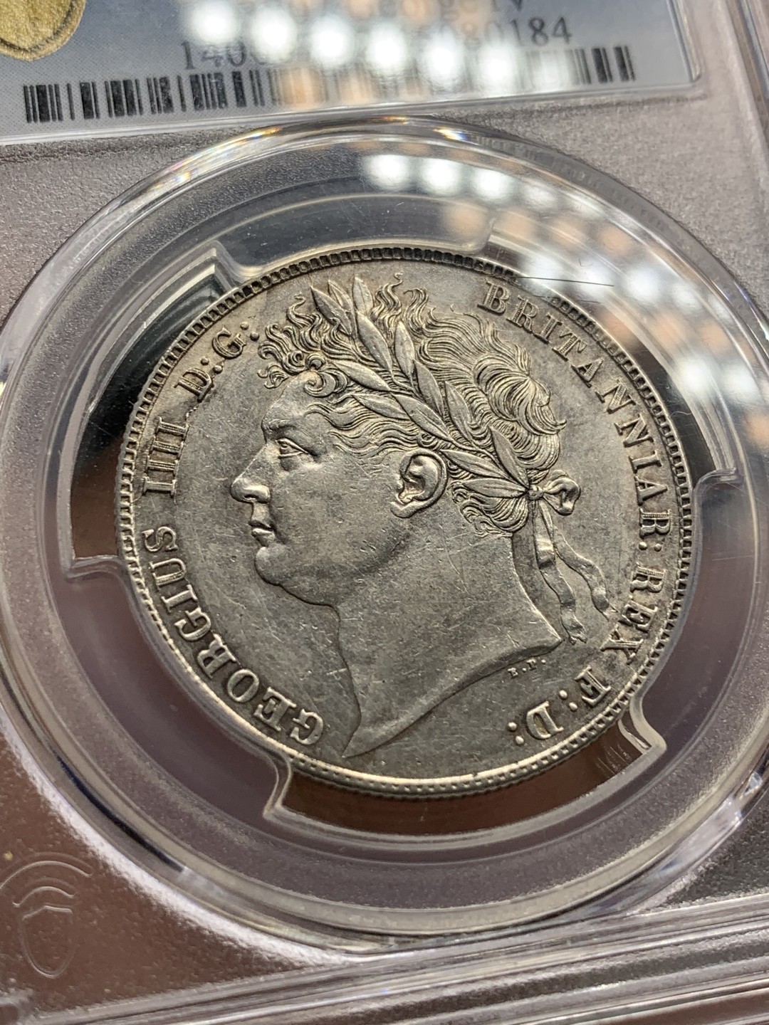 《竞宝斋》第95场-本周日，周一，周四，3场连拍（全场不限金额包邮） PCGS AU92 英国 1820年 乔四半克朗 银币 反面淡彩包浆 细节保存的非常好，人物磨损的也少