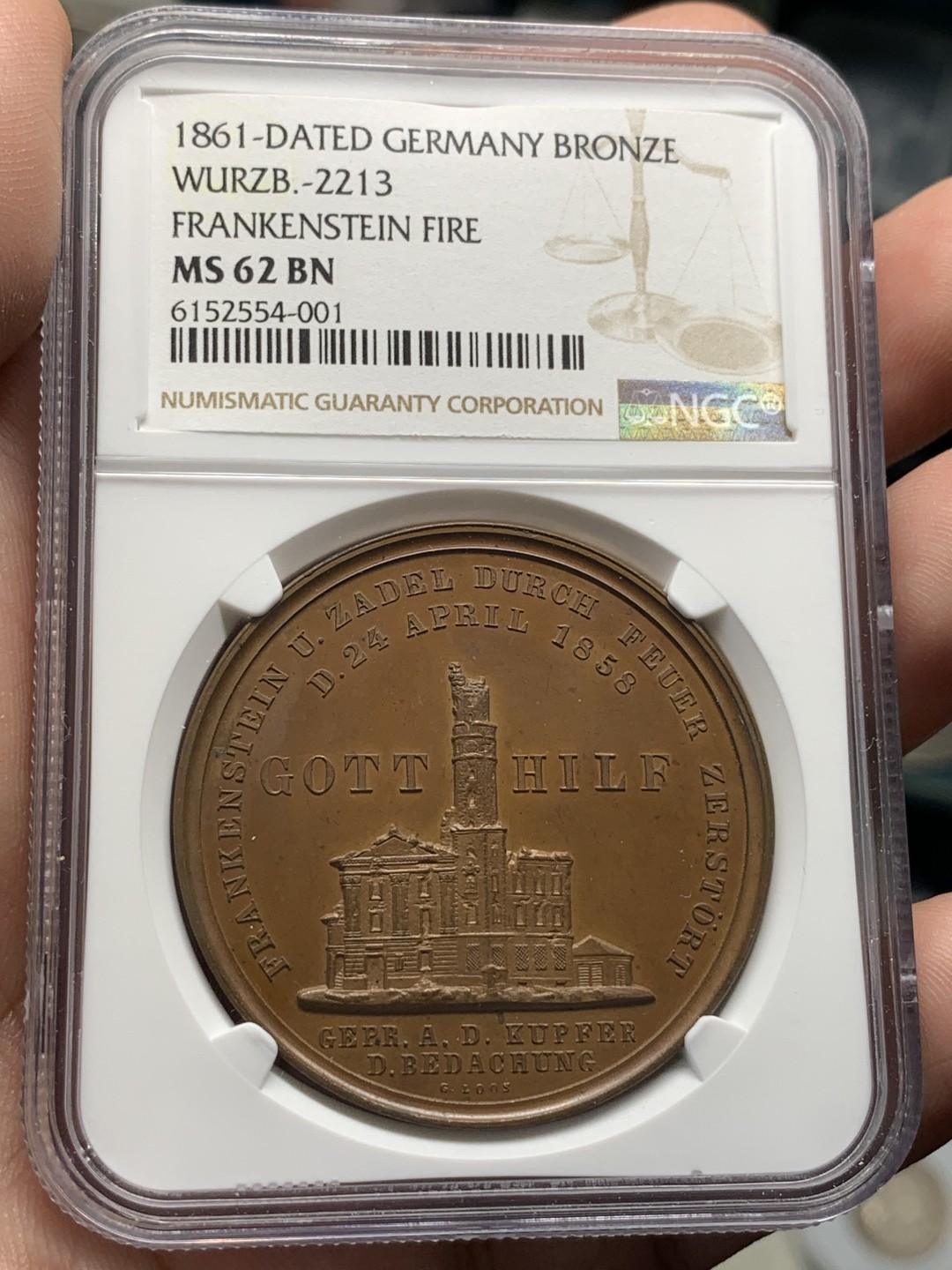 《竞宝斋》第95场-本周日，周一，周四，3场连拍（全场不限金额包邮） NGC MS62 1861 德国佛兰肯斯坦市政厅大火重建铜章 该铜章原材料为市政厅铜顶，发行售卖筹集资金重建市政厅