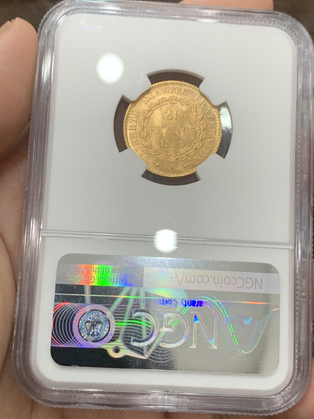 《竞宝斋》第95场-本周日，周一，周四，3场连拍（全场不限金额包邮） NGC-MS65,法国20法郎 天使金币，1893年稀少年份，车轮光高分好品相。