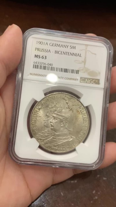 《竞宝斋》第95场-本周日，周一，周四，3场连拍（全场不限金额包邮） NGC-MS63 德国  普鲁士建国200年 5马克 银币