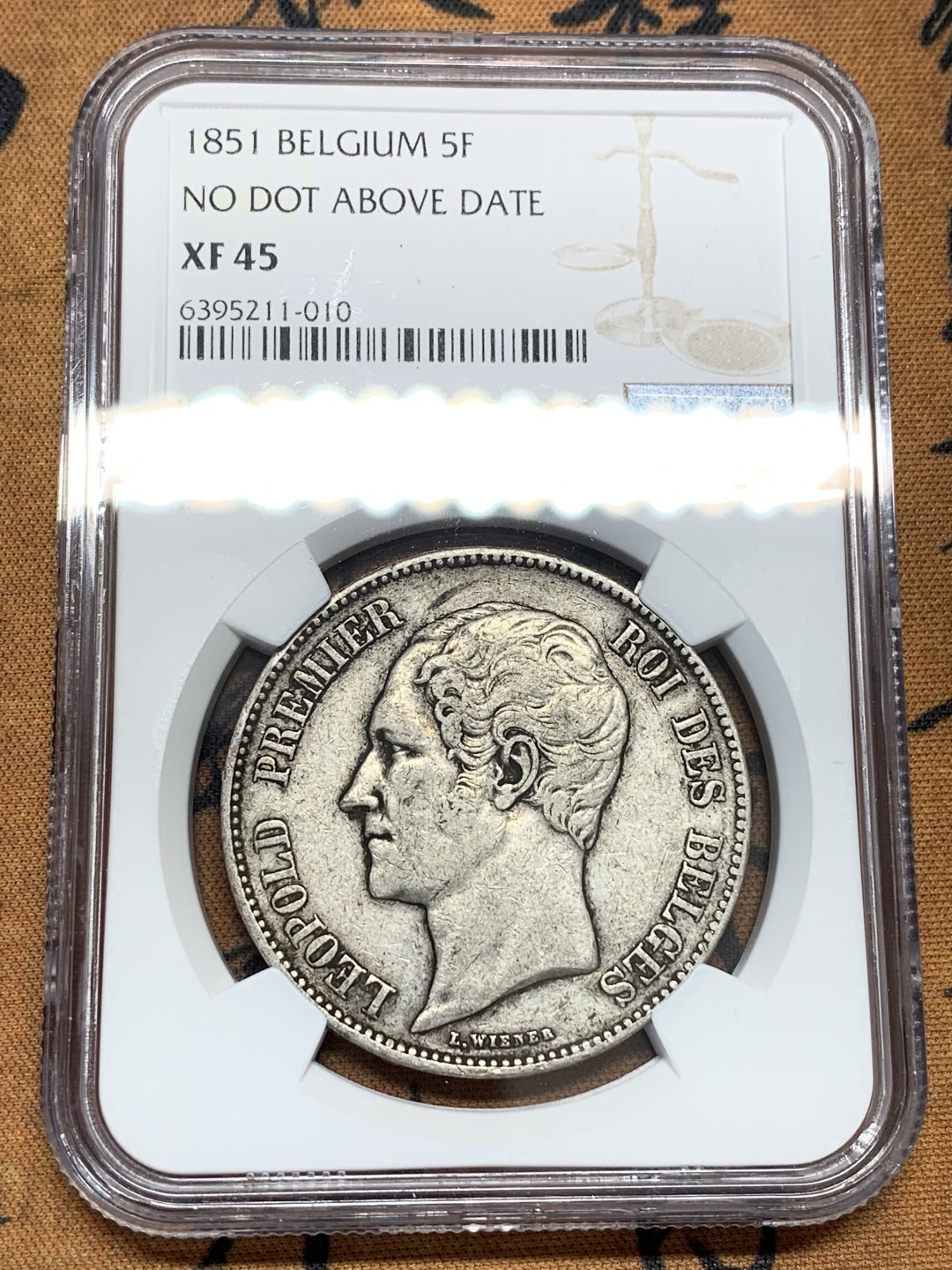 《竞宝斋》第95场-本周日，周一，周四，3场连拍（全场不限金额包邮） NGC-XF45 比利时 1851年 利奥波德一世 5法郎大银币 无点版 原味好品