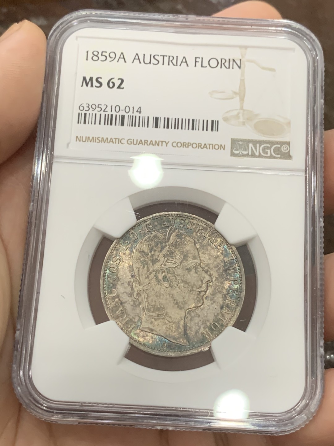 《竞宝斋》第95场-本周日，周一，周四，3场连拍（全场不限金额包邮） NGC-MS62 奥地利 1859年 佛兰茨一世 1福林银币 暴涨品种