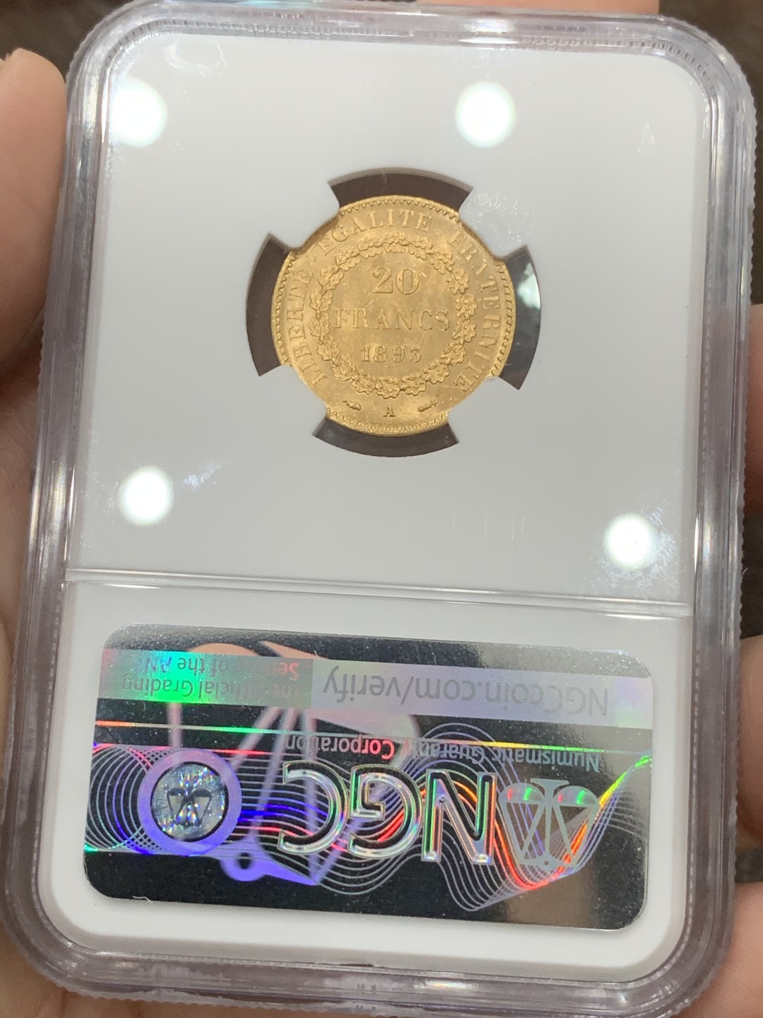 《竞宝斋》第95场-本周日，周一，周四，3场连拍（全场不限金额包邮） NGC-MS65,法国20法郎 天使金币，1893年稀少年份，车轮光高分好品相。