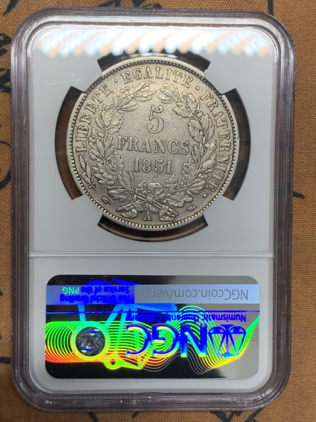 《竞宝斋》第95场-本周日，周一，周四，3场连拍（全场不限金额包邮） NGC-XF45 法国1851年 谷物女神头像 5法郎大银币 难得出分