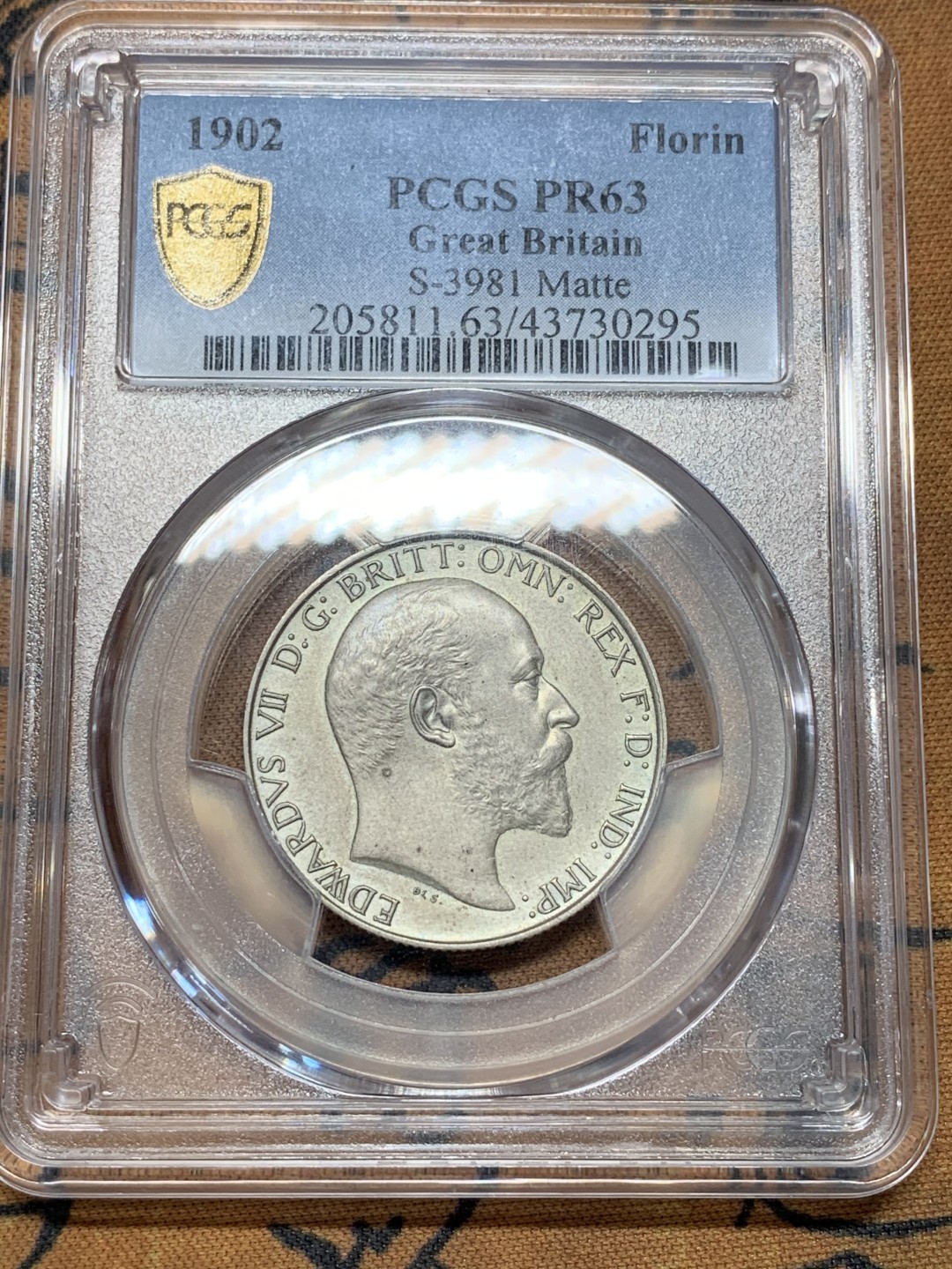 《竞宝斋》第95场-本周日，周一，周四，3场连拍（全场不限金额包邮） PCGS PR63MATTE 英国1902年爱七精制海神弗洛林银币 包浆均匀 难得状态