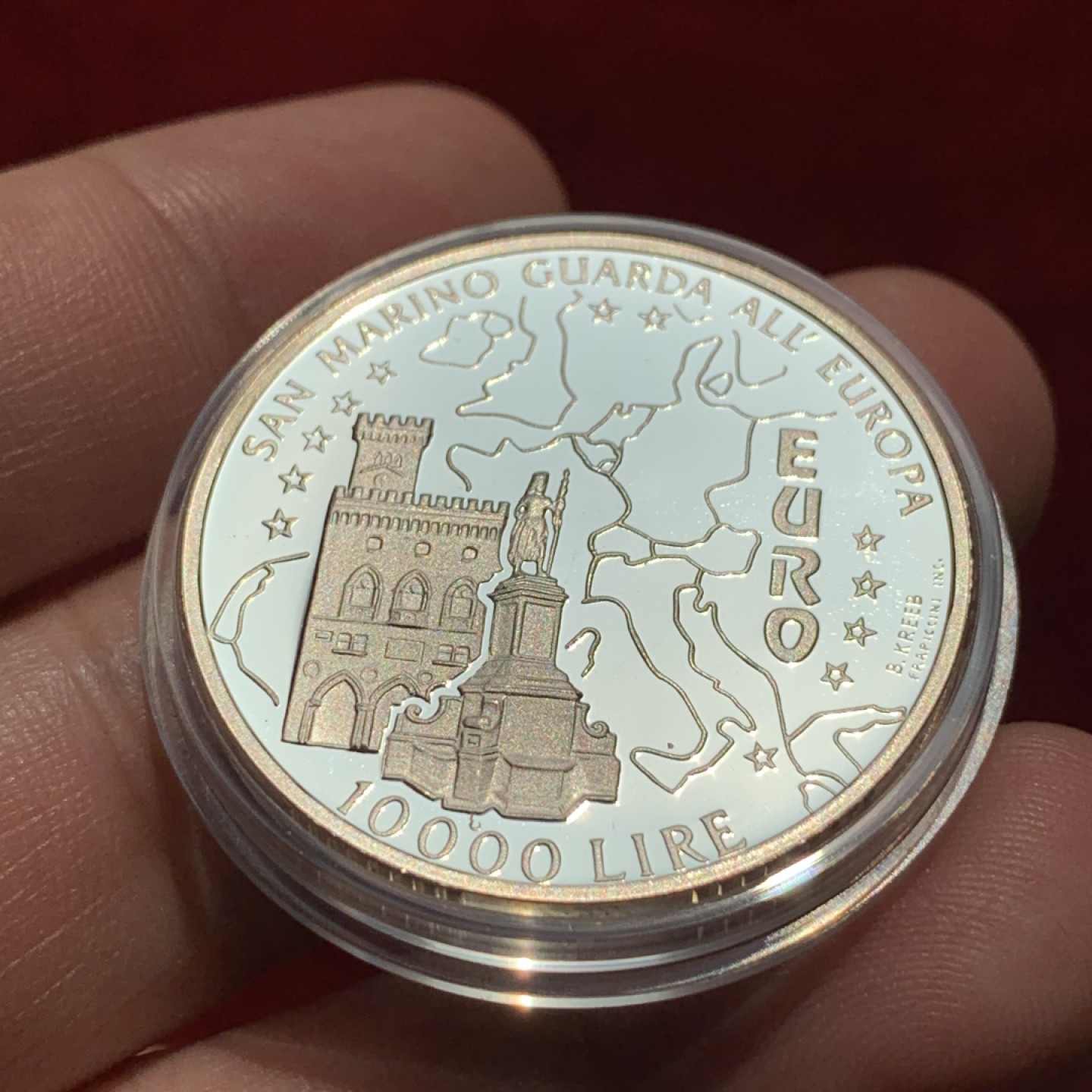 《竞宝斋》第95场-本周日，周一，周四，3场连拍（全场不限金额包邮） 原盒证书 圣马力诺1996年 纪念欧洲 10000里拉 精制大银币 22克 835银