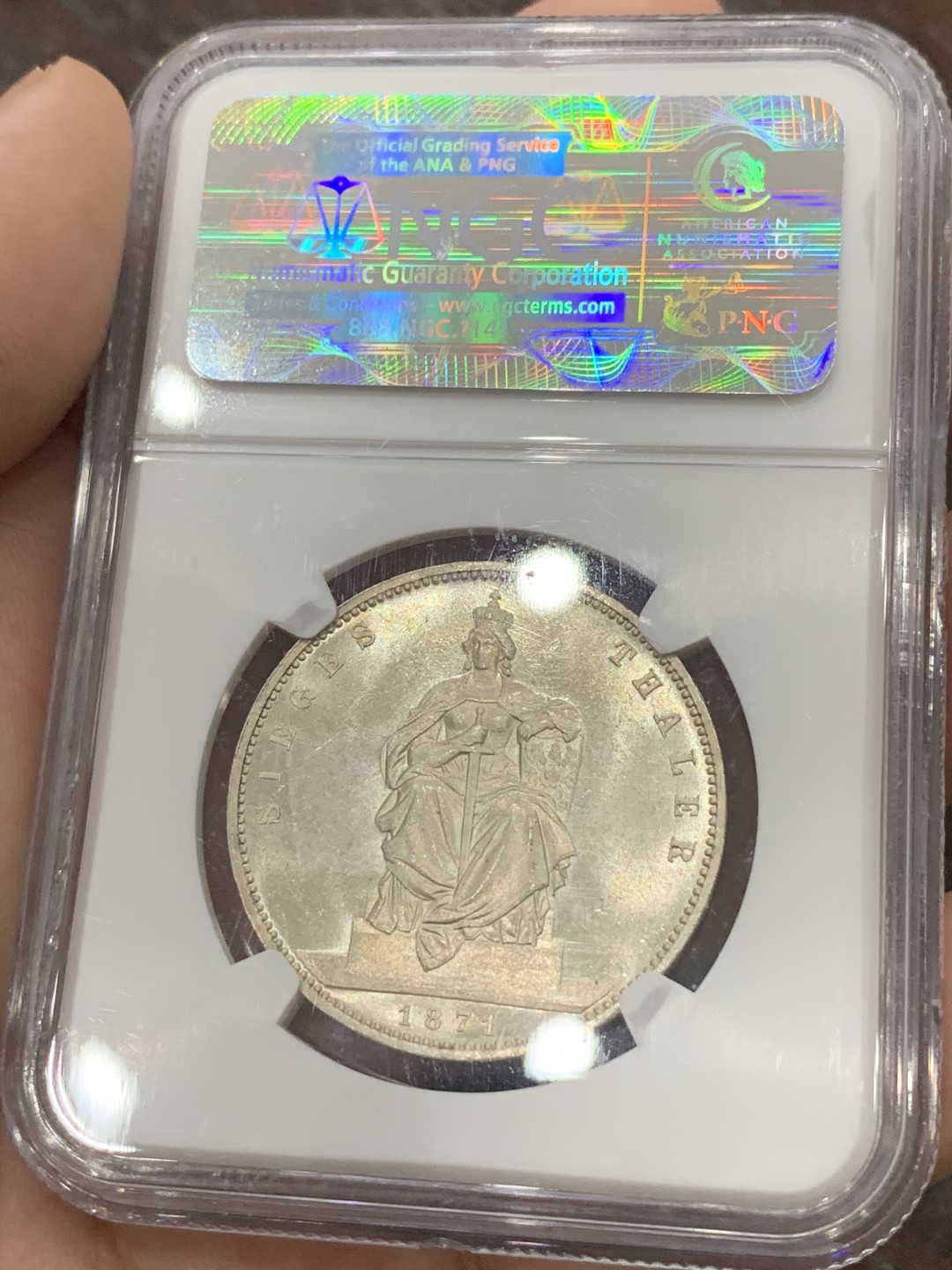 《竞宝斋》第95场-本周日，周一，周四，3场连拍（全场不限金额包邮） NGC-MS64，德国 普鲁士1871年普法胜利1泰勒，NGC老盒车轮光，品种普通状态一流。