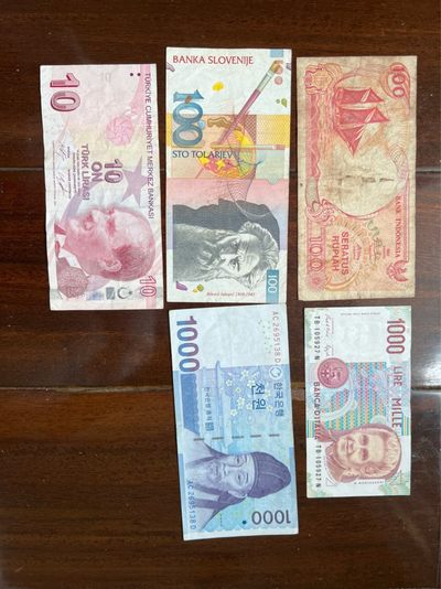 Banknote mall第二期 - 一组5张土耳其，斯洛文尼亚，韩国，印尼，意大利旧品相