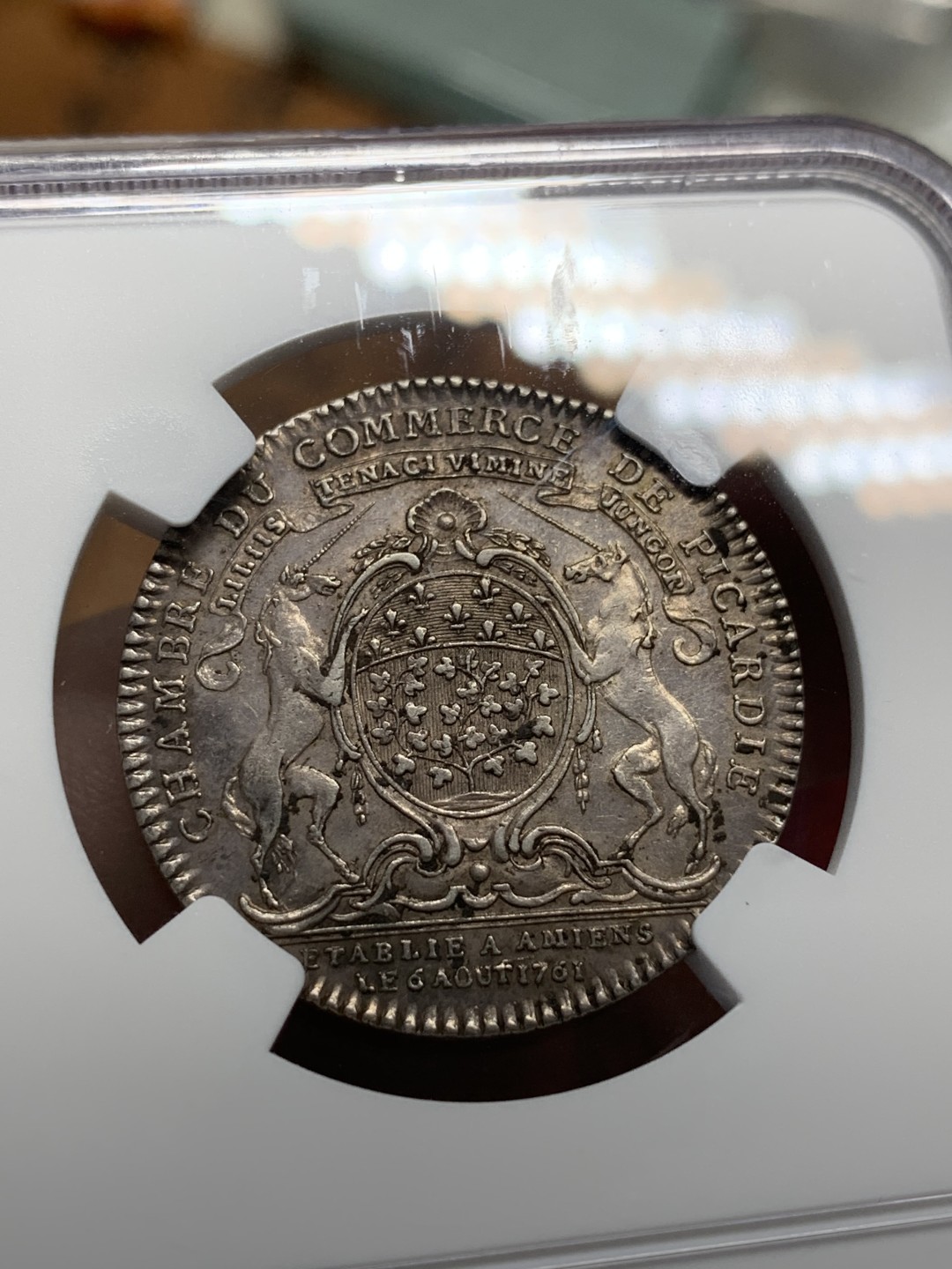 《竞宝斋》第95场-本周日，周一，周四，3场连拍（全场不限金额包邮） NGC AU55 法国 1761年 路易十五 时期 圆形 景观 银质 代币 细节好 磨损小