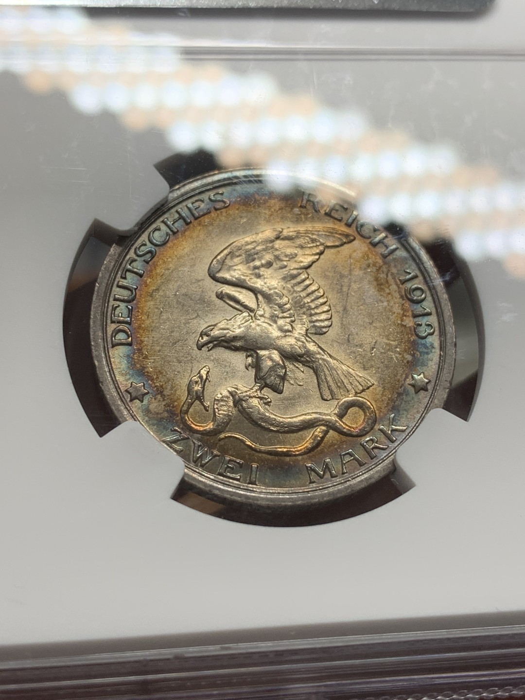 《竞宝斋》第95场-本周日，周一，周四，3场连拍（全场不限金额包邮） NGC-MS61 德国 德意志第二帝国 1913年 普鲁士2马克 战胜拿破仑纪念银币 重彩包浆 浮雕层次分明