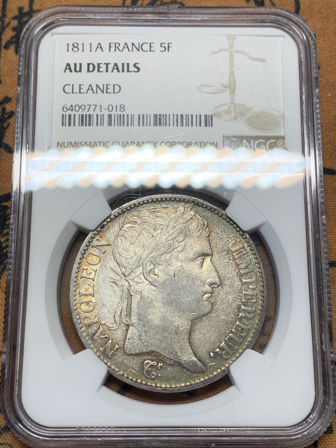 《竞宝斋》第95场-本周日，周一，周四，3场连拍（全场不限金额包邮） NGC-AUD 法国1811年拿破仑一世5法郎大银币 环彩