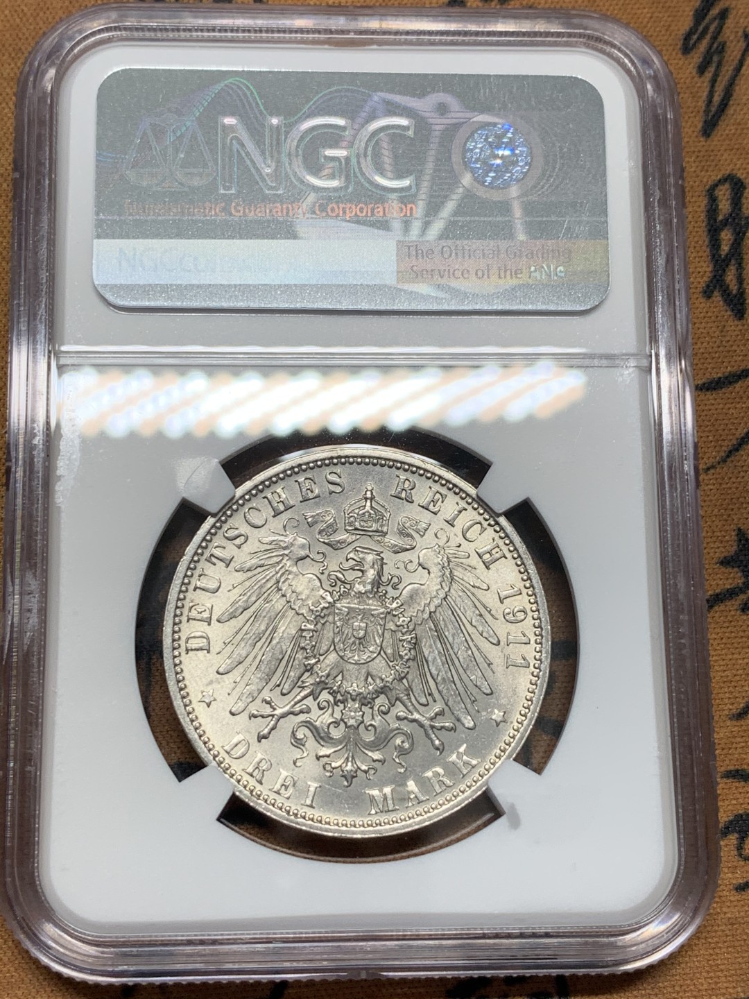 《竞宝斋》第95场-本周日，周一，周四，3场连拍（全场不限金额包邮） NGC-MS62 德国1911巴伐利亚3马克银币