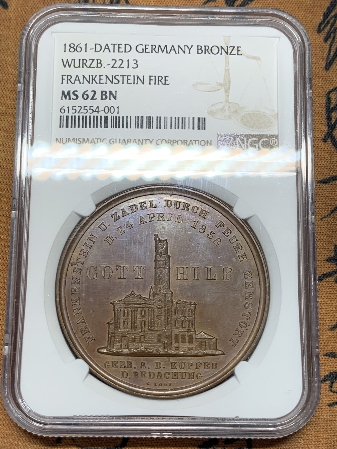 《竞宝斋》第95场-本周日，周一，周四，3场连拍（全场不限金额包邮） NGC MS62 1861 德国佛兰肯斯坦市政厅大火重建铜章 该铜章原材料为市政厅铜顶，发行售卖筹集资金重建市政厅