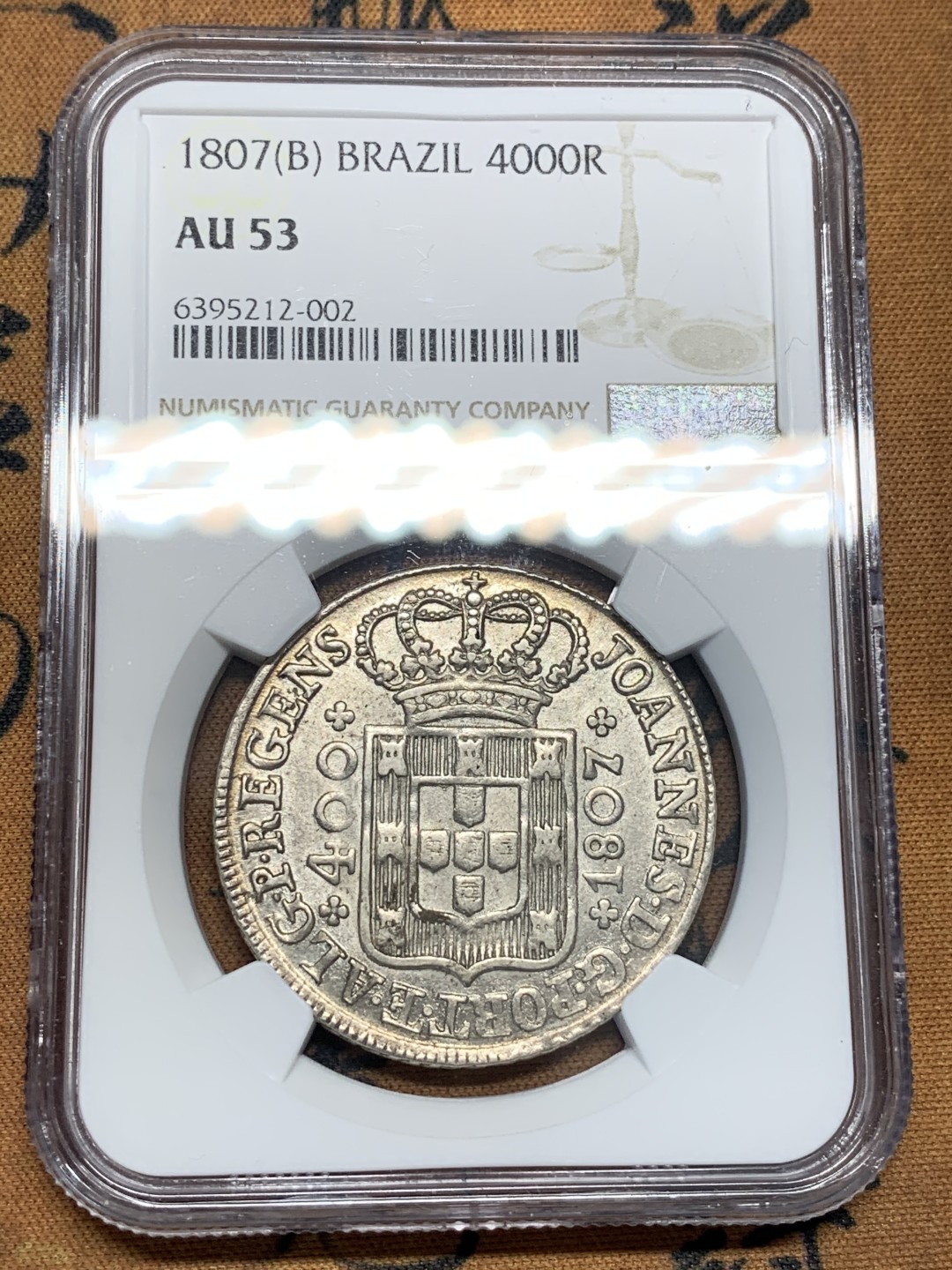 《竞宝斋》第95场-本周日，周一，周四，3场连拍（全场不限金额包邮） NGC-AU53 葡萄牙1807年 400瑞斯银币 好品难得 评级师又写错标签了