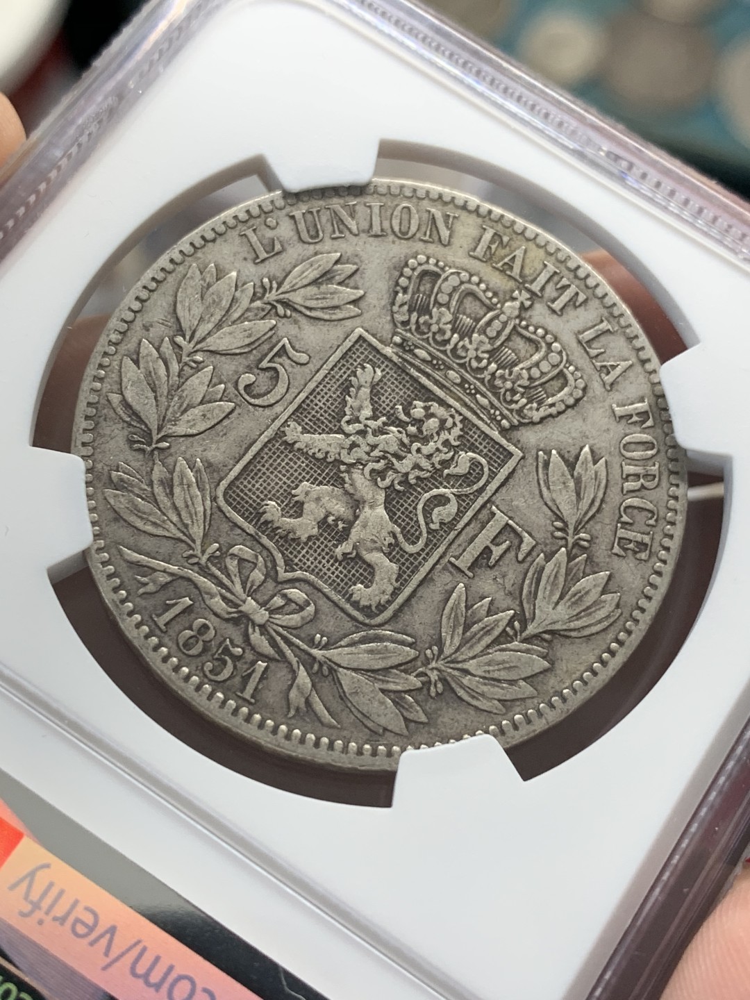 《竞宝斋》第95场-本周日，周一，周四，3场连拍（全场不限金额包邮） NGC-XF45 比利时 1851年 利奥波德一世 5法郎大银币 无点版 原味好品