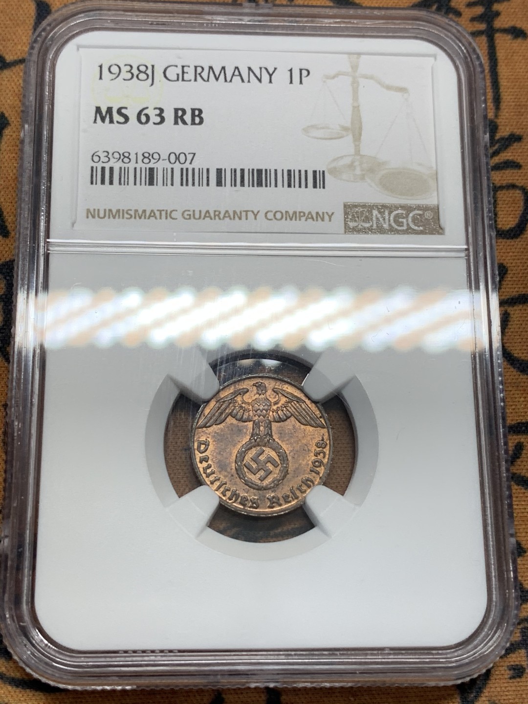 《竞宝斋》第95场-本周日，周一，周四，3场连拍（全场不限金额包邮） NGC-MS63RB  德国 1938J 1芬尼铜币 自然包浆 RB的最美状态