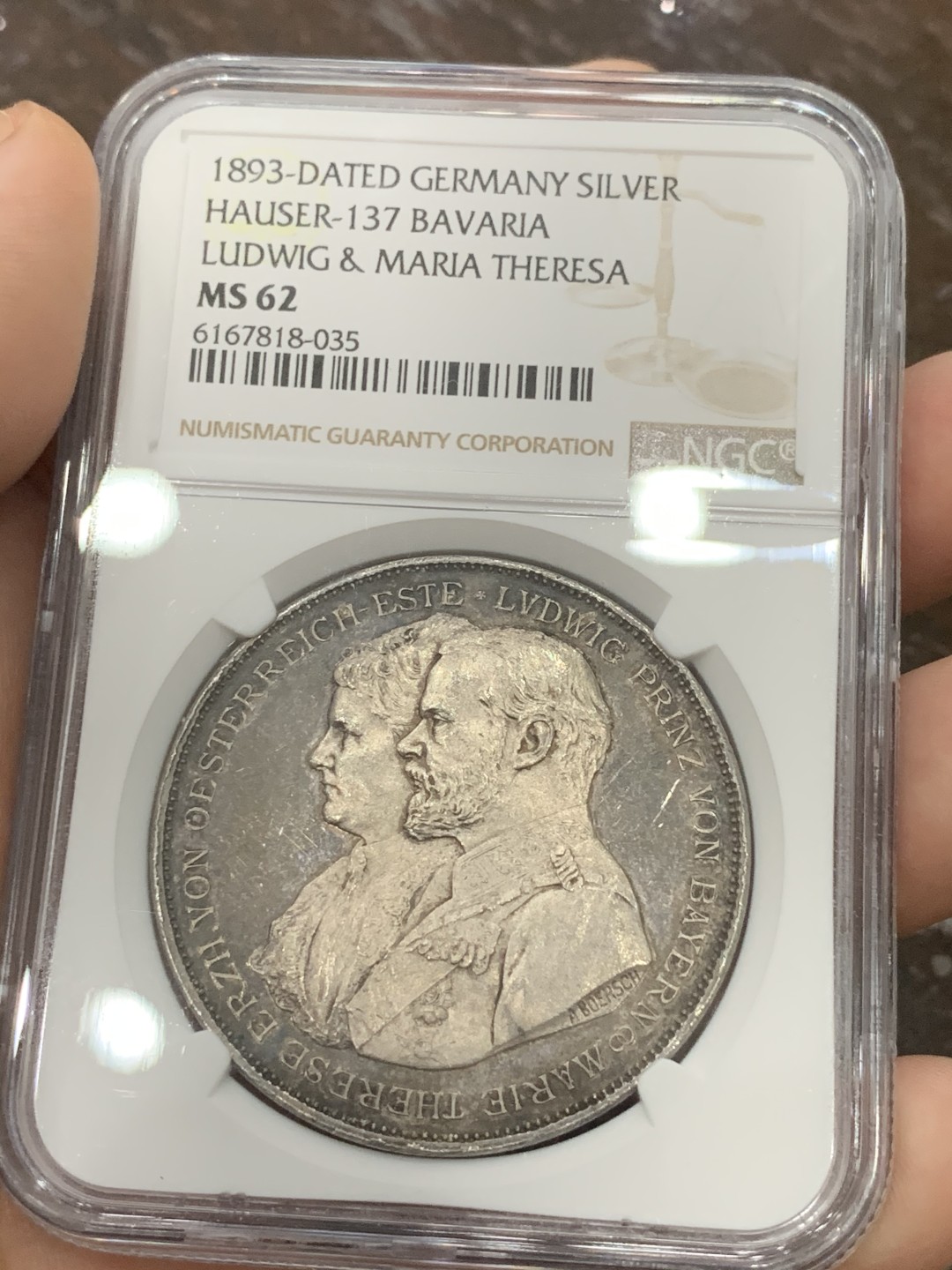 《竞宝斋》第95场-本周日，周一，周四，3场连拍（全场不限金额包邮） NGC MS62 德国1893年 巴伐利亚 利奥波德银婚 子孙树 2泰勒型大银章