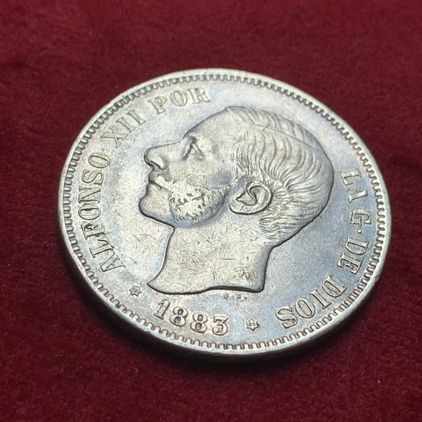 《竞宝斋》第95场-本周日，周一，周四，3场连拍（全场不限金额包邮） 1883年西班牙阿方索十二世5比塞塔银币 通货好品