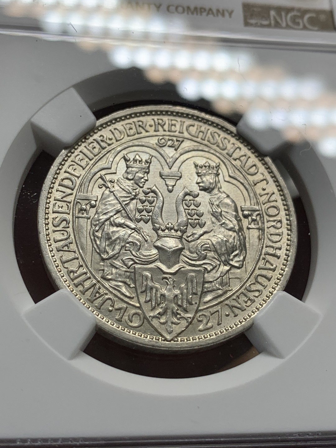 《竞宝斋》第95场-本周日，周一，周四，3场连拍（全场不限金额包邮） NGC-MS64 魏玛德国1927年诺德豪森千年3马克纪念银币 少见品种