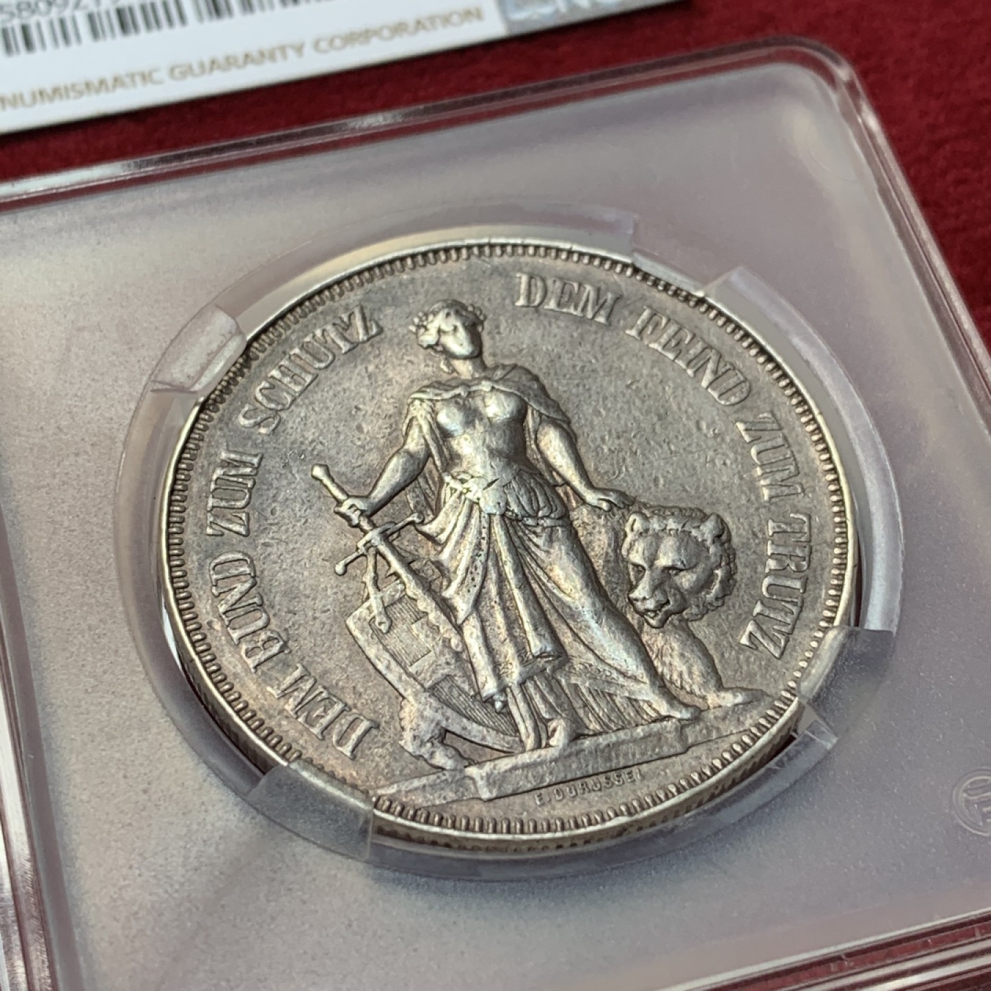 《竞宝斋》第95场-本周日，周一，周四，3场连拍（全场不限金额包邮） 1885年瑞士狩猎节5法郎银币 做过吊坠 币面有些腐蚀 NGC给了“改变外表”的标签