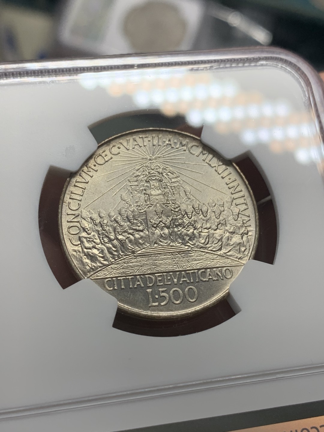 《竞宝斋》第95场-本周日，周一，周四，3场连拍（全场不限金额包邮） NGC-MS62 梵蒂冈 1962年 教皇500里拉银币 稀少品种 顶级品相