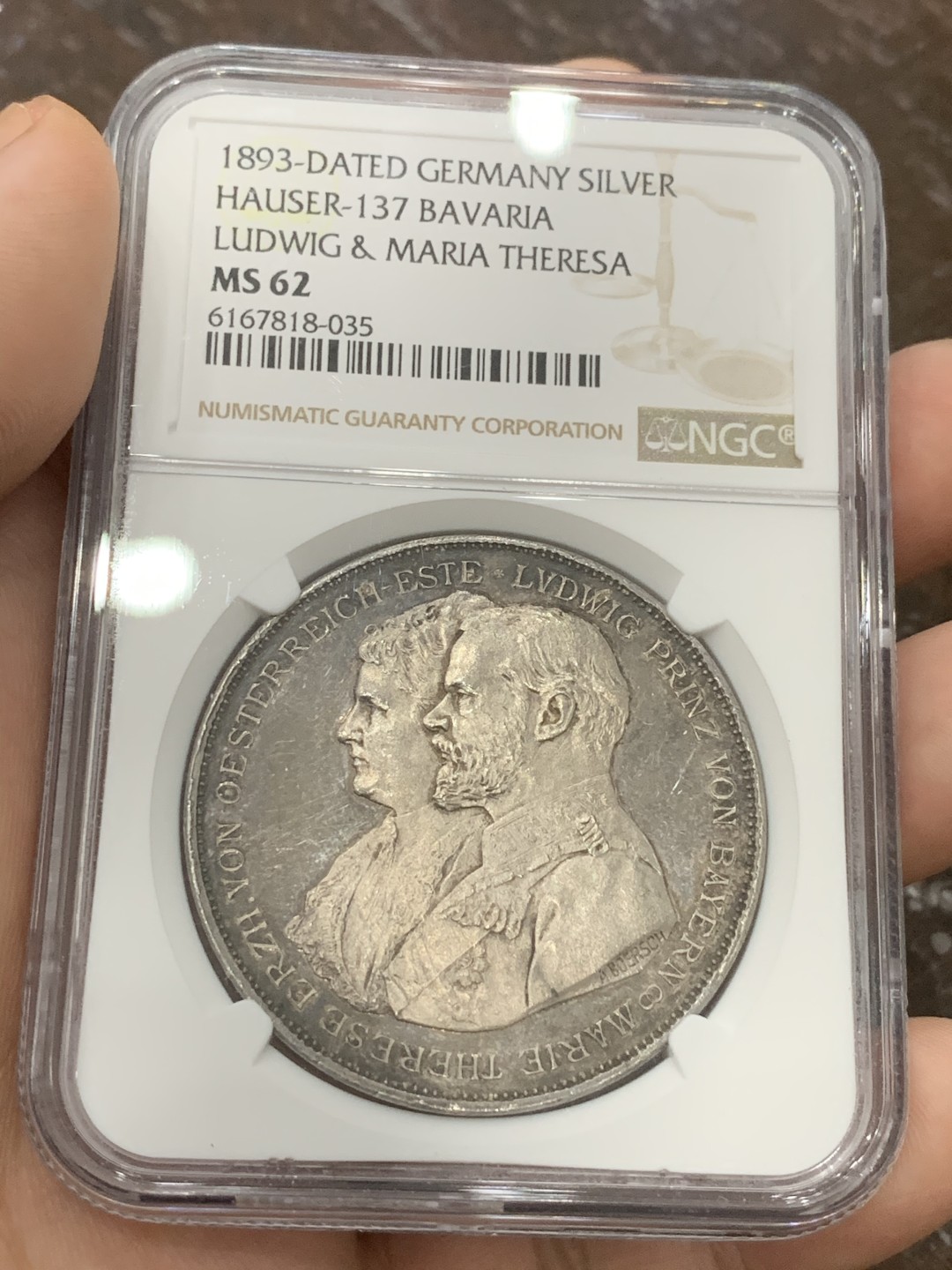《竞宝斋》第95场-本周日，周一，周四，3场连拍（全场不限金额包邮） NGC MS62 德国1893年 巴伐利亚 利奥波德银婚 子孙树 2泰勒型大银章