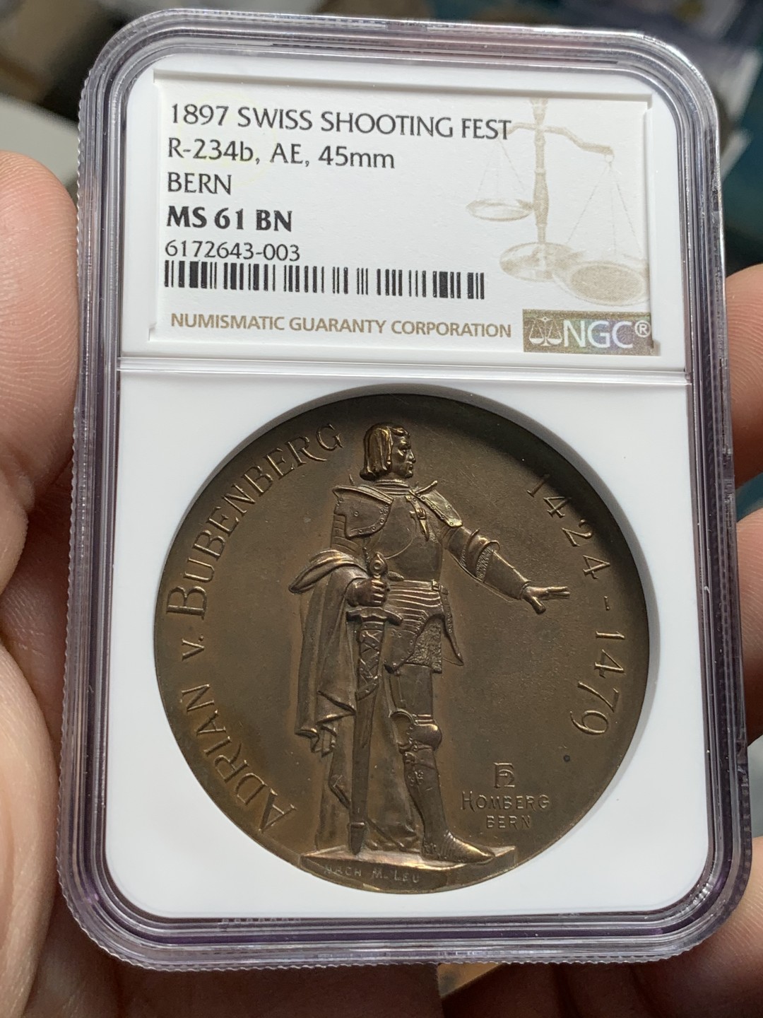 《竞宝斋》第95场-本周日，周一，周四，3场连拍（全场不限金额包邮） NGC-MS61BN 1897年瑞士伯尔尼射击节铜章 加厚盒，章面状态漂亮  45mm