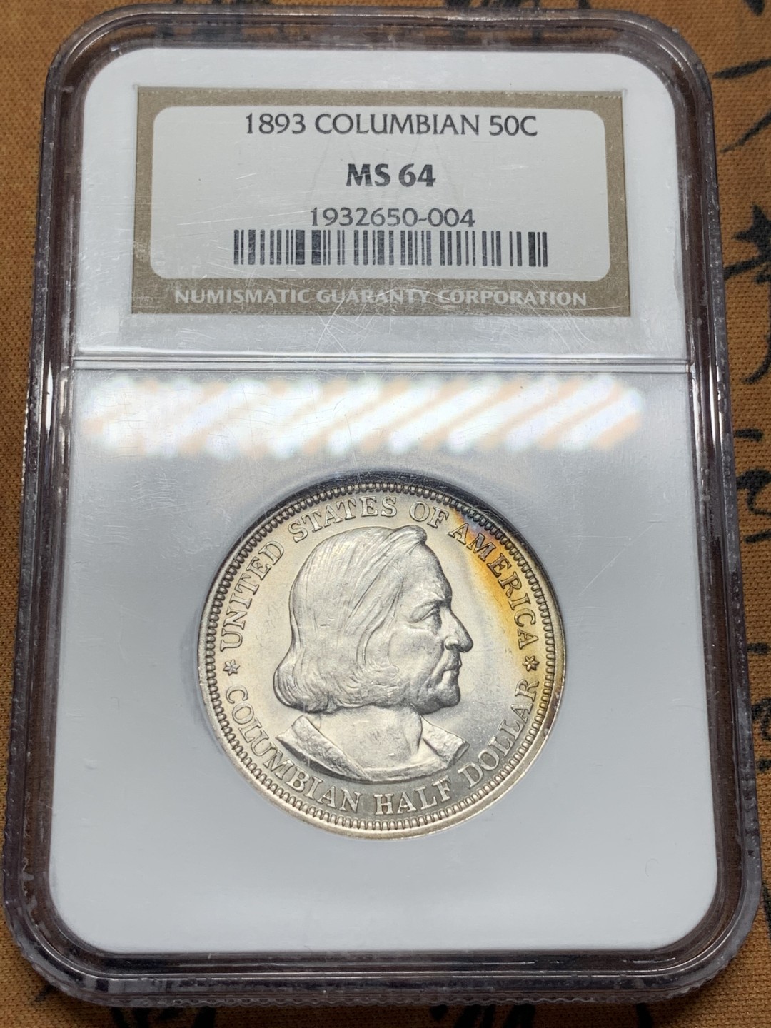 《竞宝斋》第95场-本周日，周一，周四，3场连拍（全场不限金额包邮） NGC-MS64 美国 1893年 50美分 哥伦布纪念 银币 热门品种，ngc老盒  新月包浆很漂亮