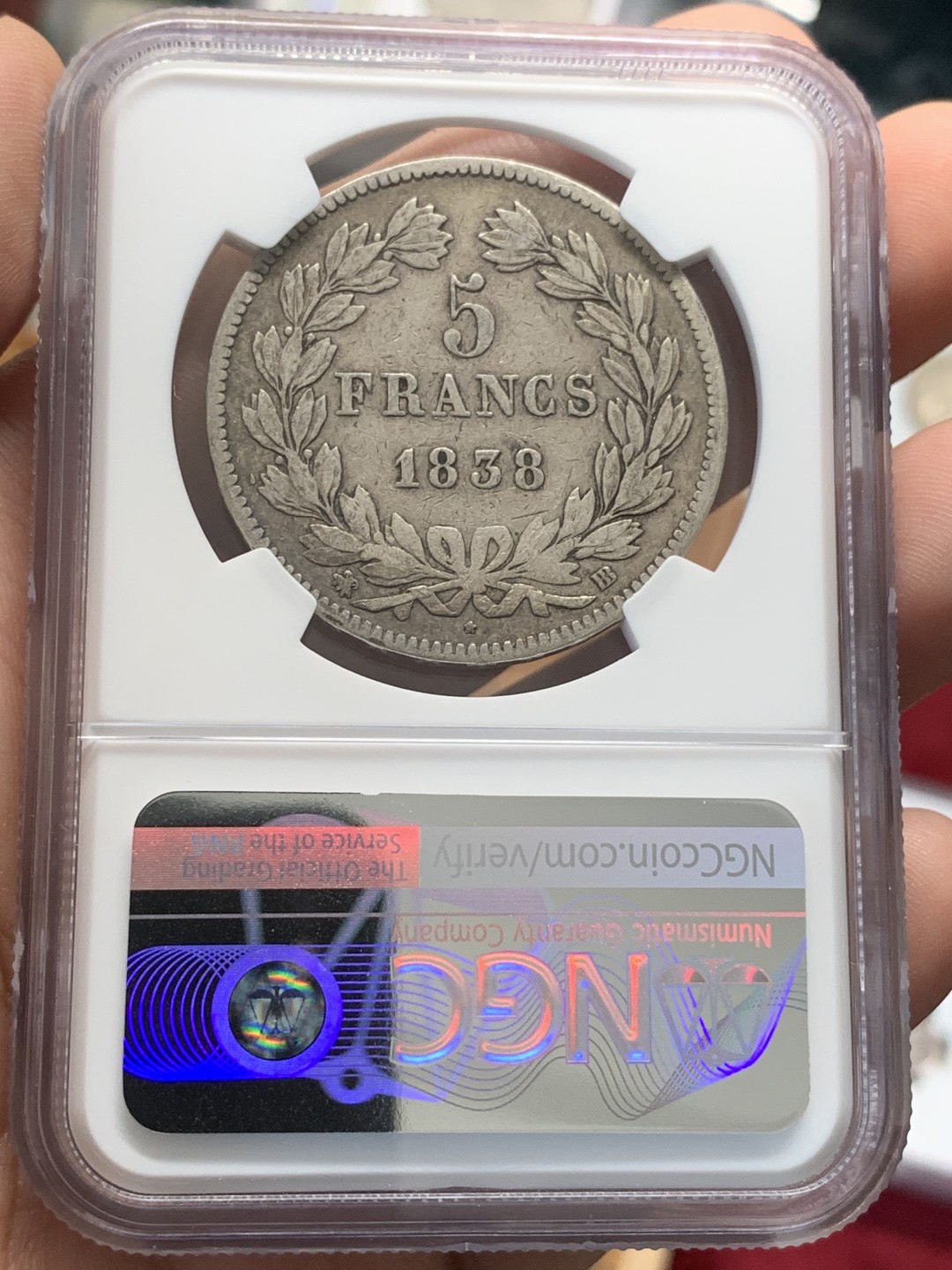 《竞宝斋》第95场-本周日，周一，周四，3场连拍（全场不限金额包邮） 第二名 NGC-XF45 法国1838-BB年 菲利普一世 5法郎大银币 细节很好 味道也一流