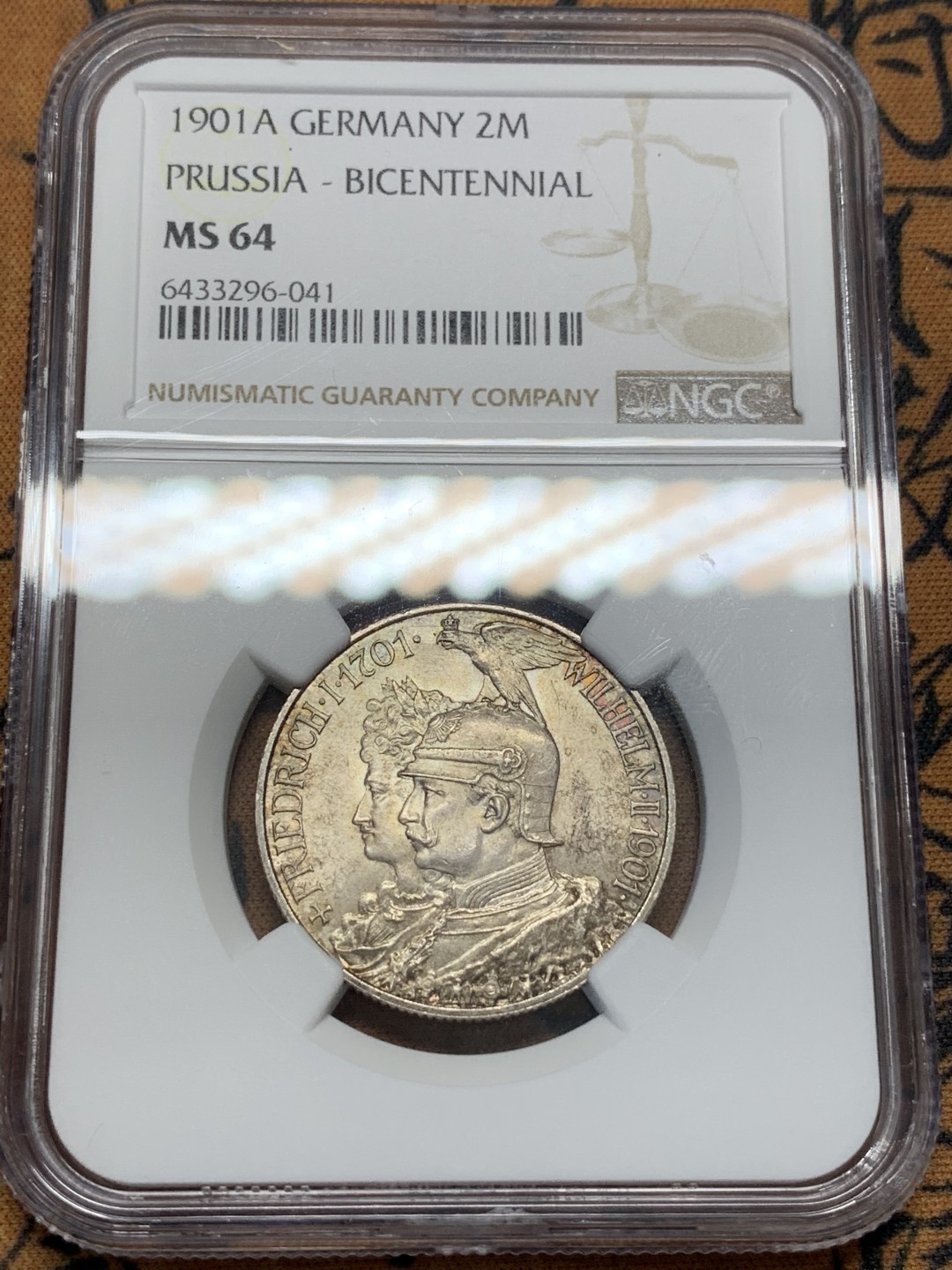 《竞宝斋》第95场-本周日，周一，周四，3场连拍（全场不限金额包邮） NGC-MS64 德国 普鲁士建国200年 2马克 银币